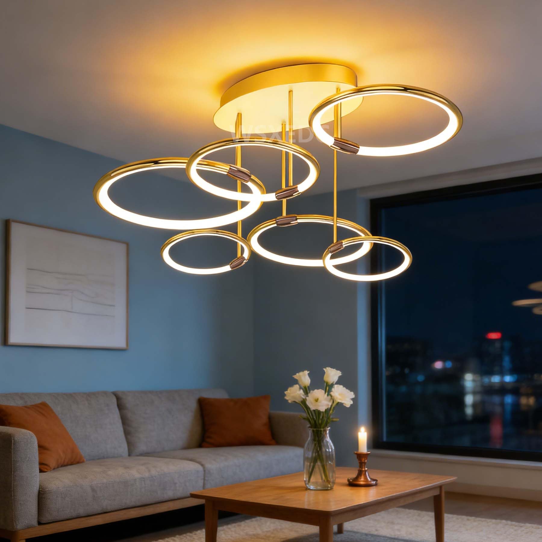 Ring LED Gold Ceiling Light 100 W Modern Dimmable Living Room Pendant Light with Night Light Creative 6 Ring DIY Bedroom Lamp for Living Room Study Office Dining Room Bedroom (Gold, 100cm，100W)