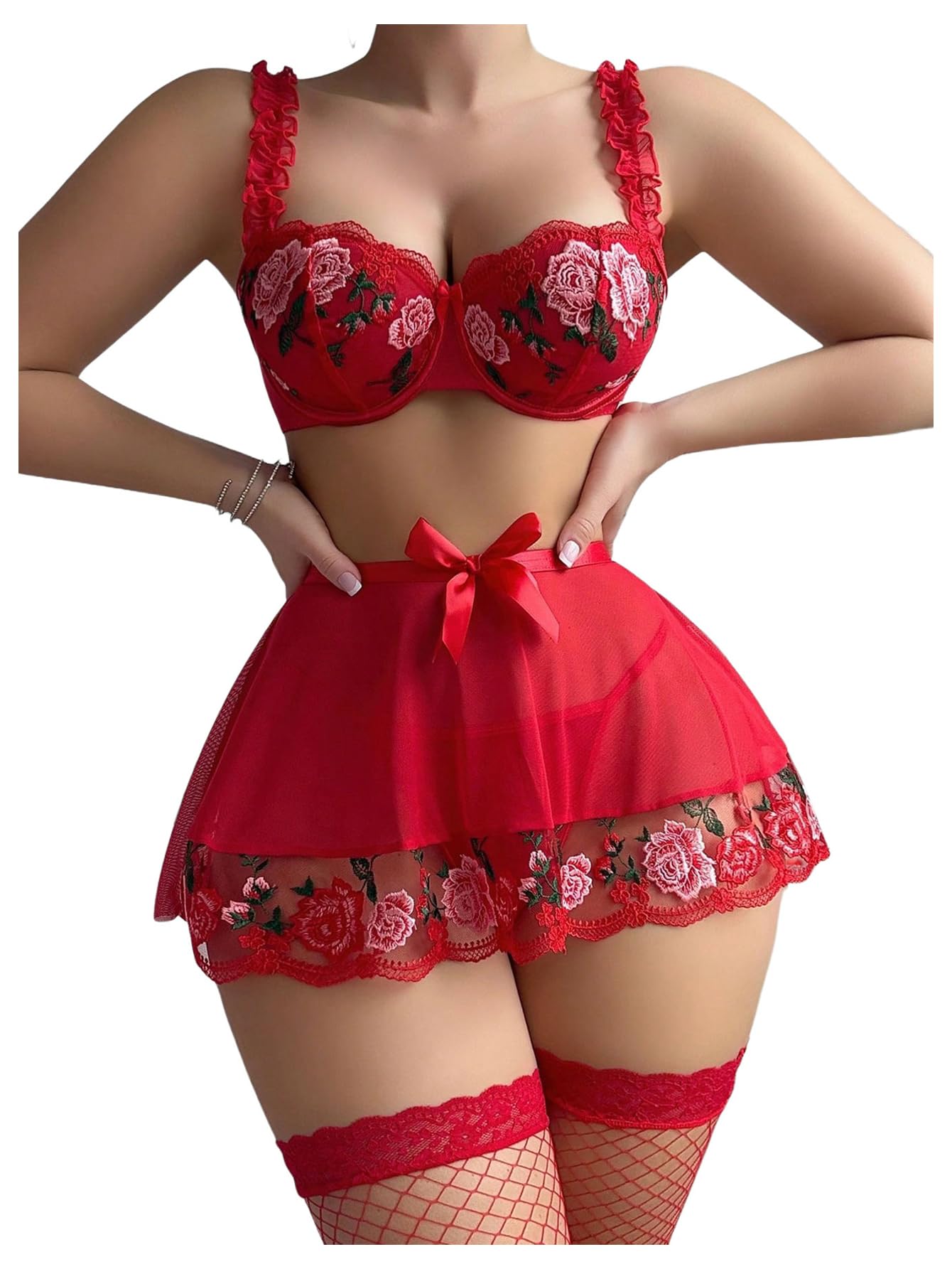 WDIRARA Women's Heart Lace Bow Cheeky Thong Exotic Garter Lingerie Set with Stockings Solid White Small: WDIRARA Women's Heart Lace Bow Cheeky Thong Exotic Garter Lingerie Set with Stockings