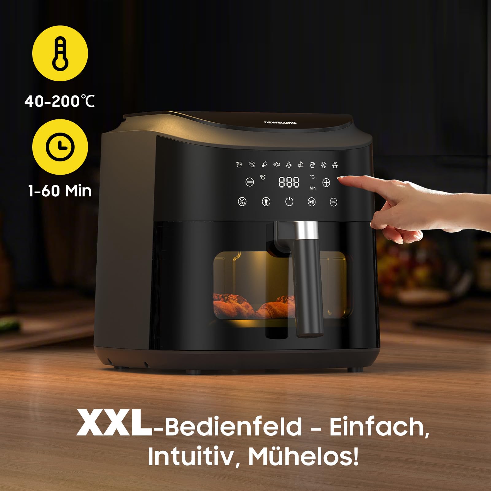 Air Fryer XXL 9 L - 2350 W Friteuse à air avec grande fenêtre, cuisson rapide, 9 programmes, écran tactile LED, alimentation secteur et intérieur en métal