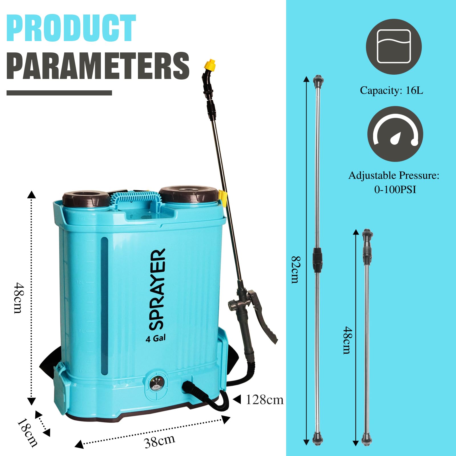 Pompa Irroratrice a Batteria 16L Irroratrice a Batteria Pompa Elettrica Nebulizzatore a Zaino Spruzzatore da Giardino Elettrico 12V 2600 mAh 5.5 Bar Velocità Regolabile