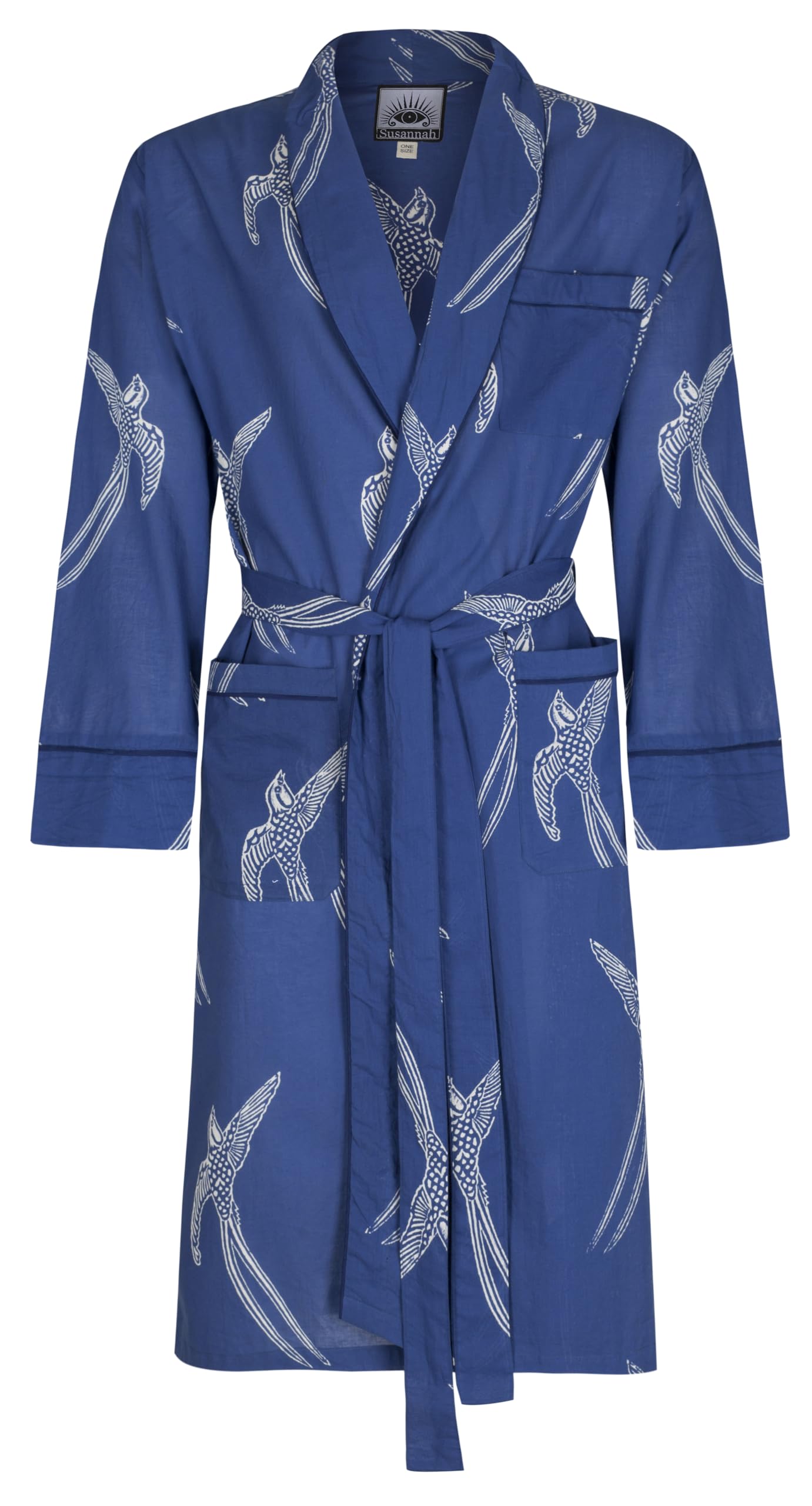 Susannah Cotton Men's Cotton Dressing Gown Robe | Lightweight 100% Cotton. Hand-Printed | Long Tailed Bird on Dark Blue (Single Size: 112cm/44" Length)