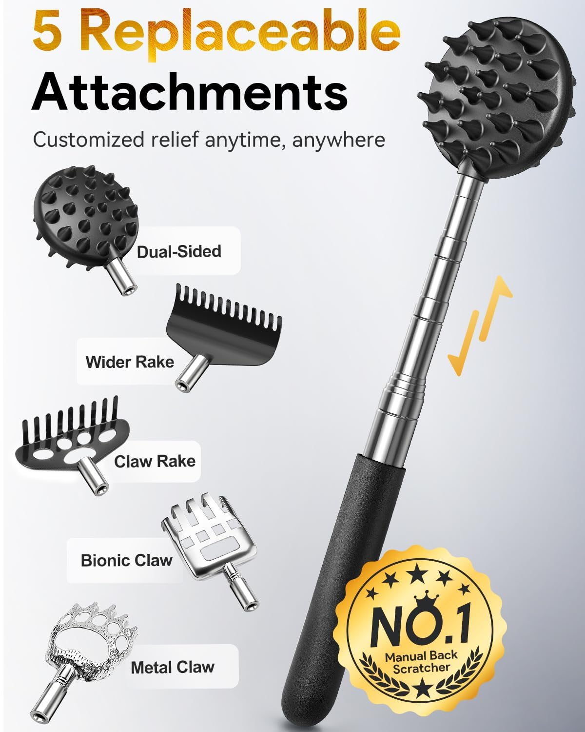 Rascador telescópico trasero con 3 cabezales desmontables, Tukuos portátiles extensibles para hombres/mujeres, masajeador de metal de acero inoxidable/Backslap para arañazos agresivos/moderados