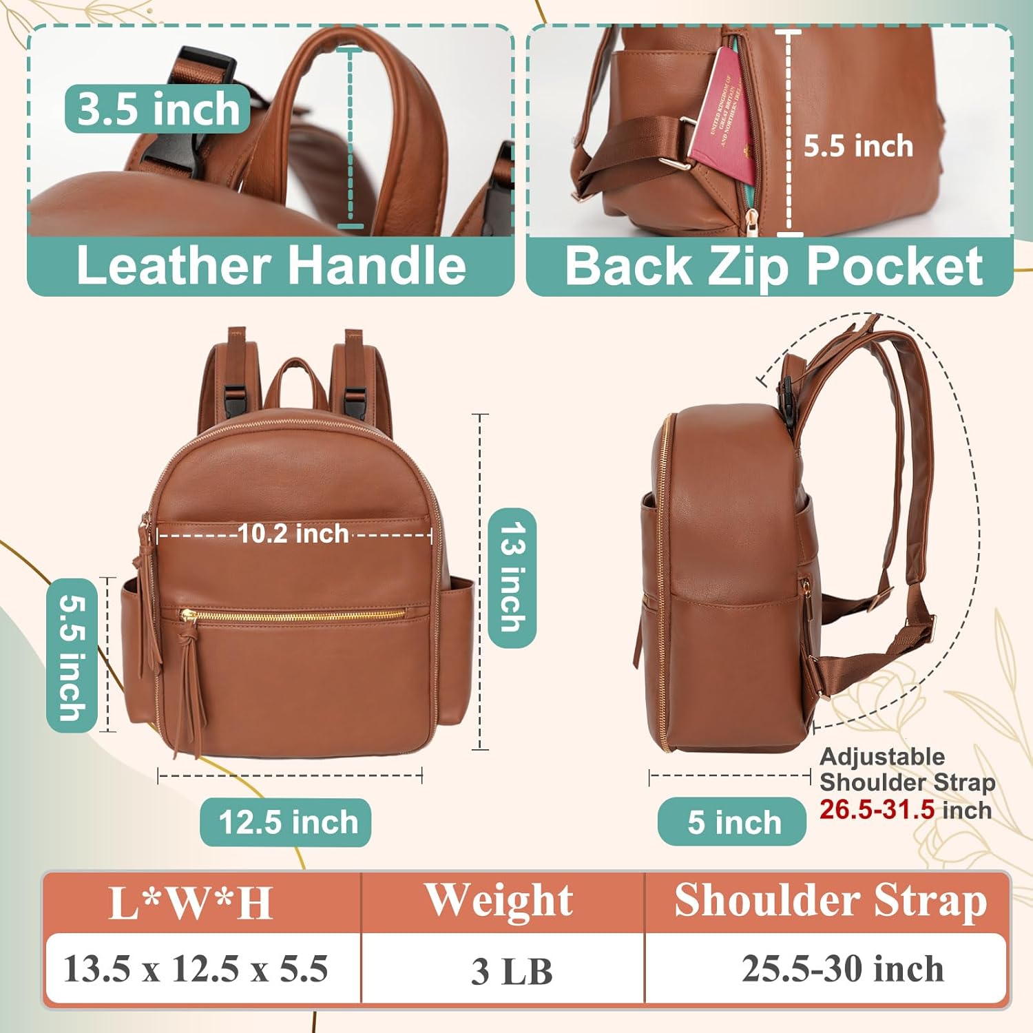 MOMINSIDE Small Diaper Bag Backpack, Mini Diaper Bag with 11 Pockets, Leather diaper backpack, Baby Diaper Bag for Baby Girls, 2 Insulated Pockets, Stroller Straps (Brown) - Image 4