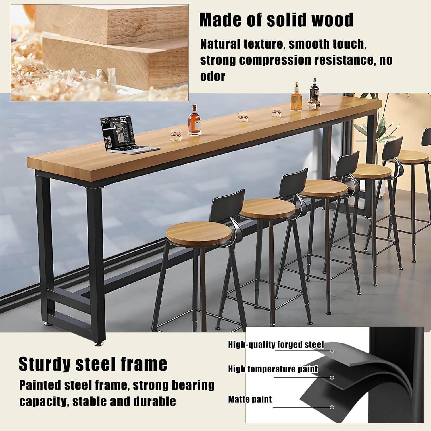 Industrial Bar Table, Long Bar Height Dining Table,Narrow High Pub Table,2" Thick Solid Wood Top for Kitchen,Coffee Shop, Breakroom,Small Space(Stool not Included)