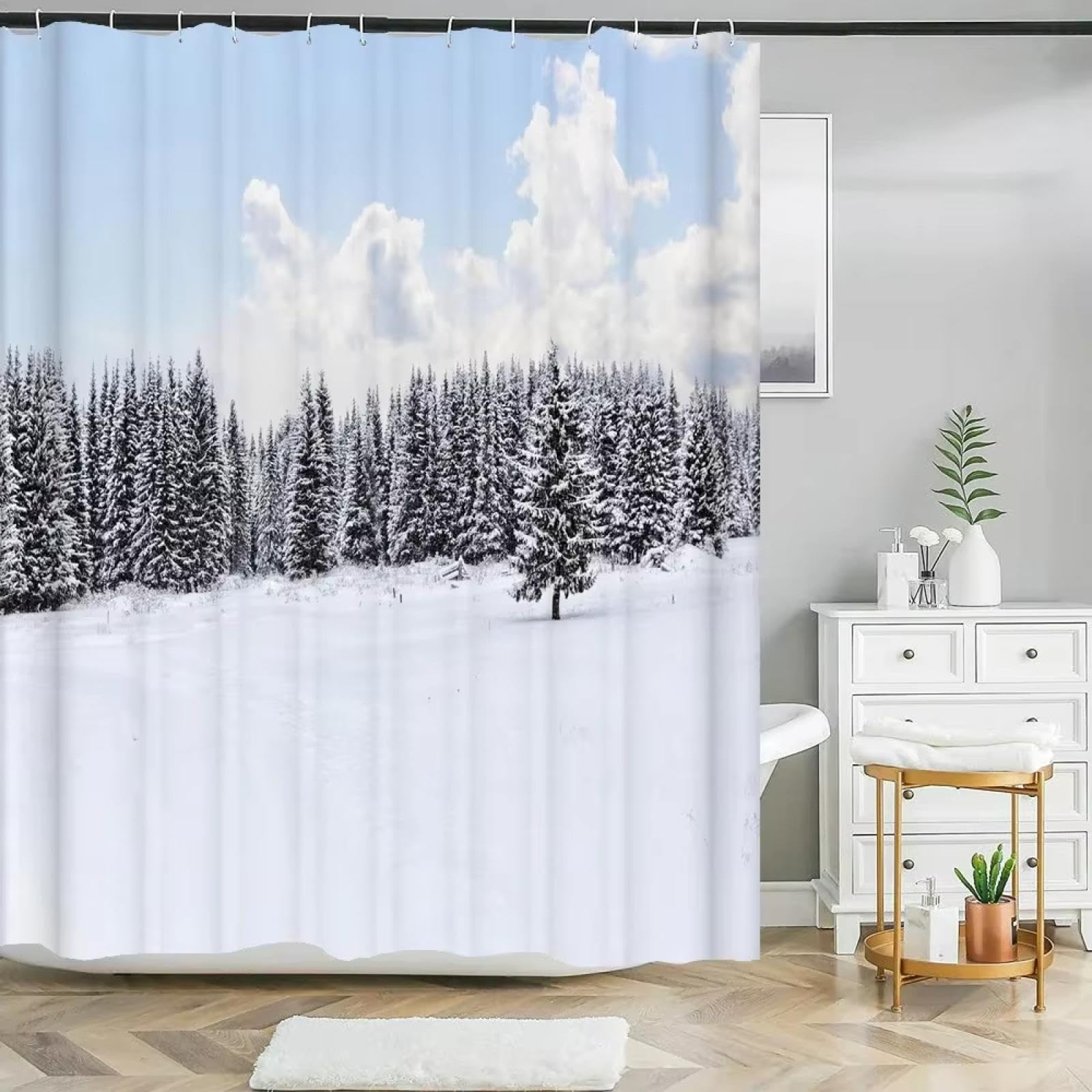 Rideau de Douche de Salle de Bain, Impression 3D de Paysage de Neige et de forêt, Rideau imperméable en Polyester, décoration d'intérieur, Rideau avec Crochet 300x195cm/WxH
