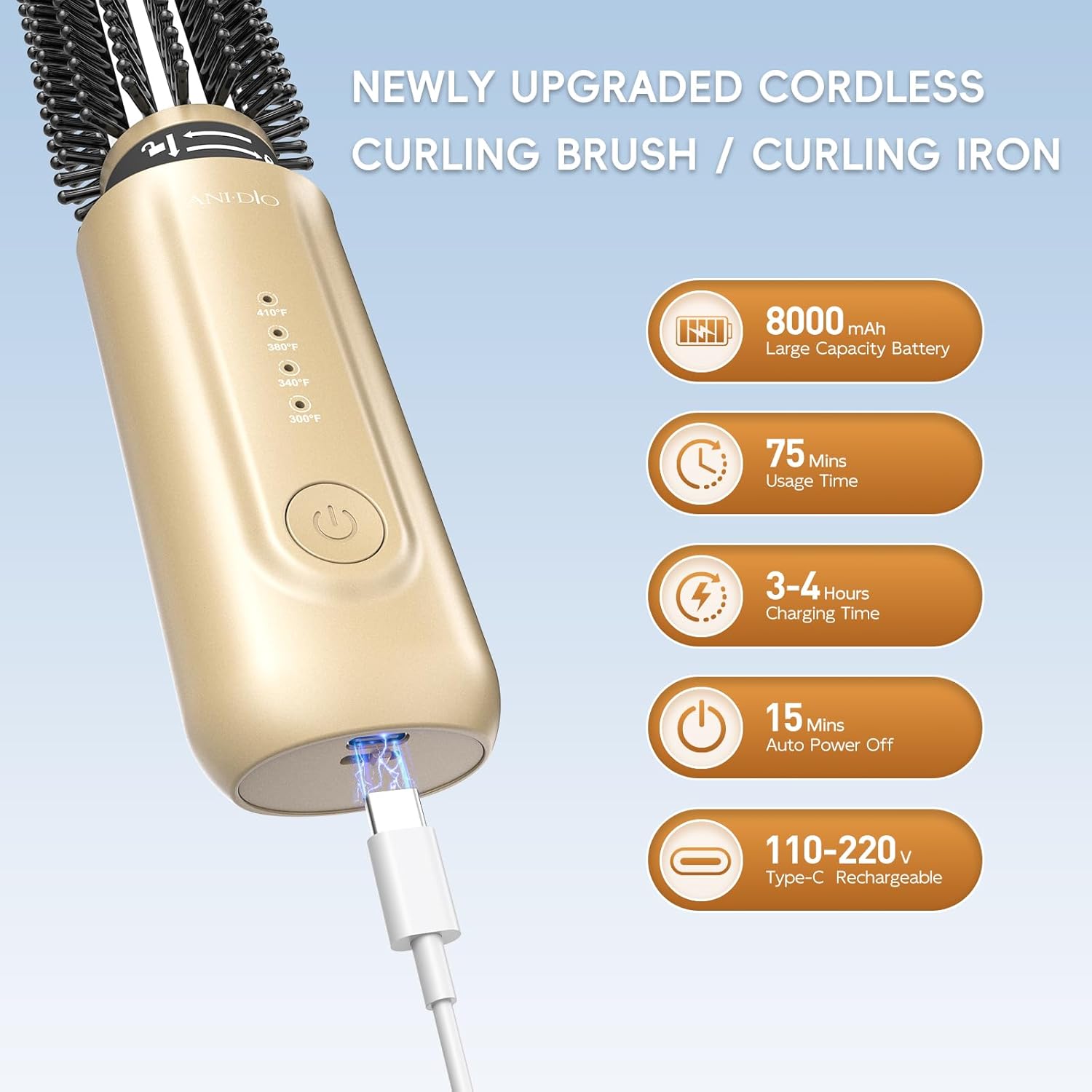 Cordless Curling Iron Brush, 2 in 1 Mini Travel Hot Straightener Comb with 200 Million Negative Ions, Dual Voltage & Lightweight for Travel, Anti-Tangle, 4 Temps, Gold (Gold) - Image 7