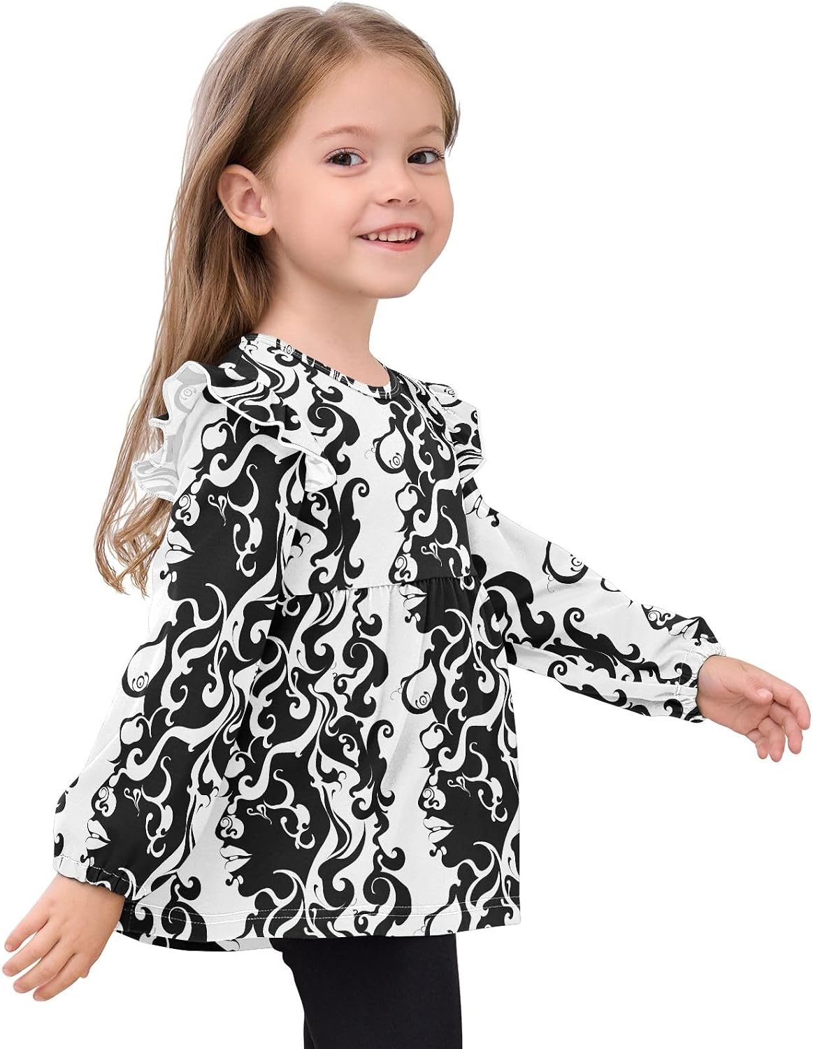 visesunny Toddler Clothes for Girls Abstract Figure Silhouette Long Sleeve Fall Shirts Cotton Top with Ruffle Collar