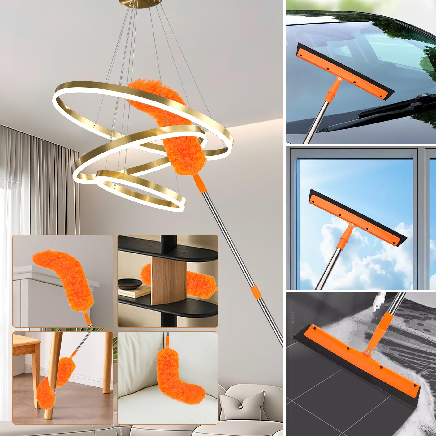 Plumero telescópico con plumero largo extensible con 1,5 ~ 4,9 m, cepillo de limpieza telescópico y cabezal de microfibra, limpiador de ventanas con estropajo, cepillo de telaraña para huecos, techos