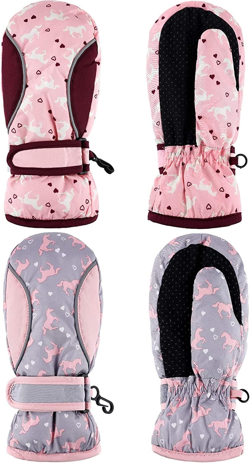 SATINIOR 2 Pairs Girls Kids Waterproof Mittens Toddlers Warm Snow Gloves Kid Ski Gloves