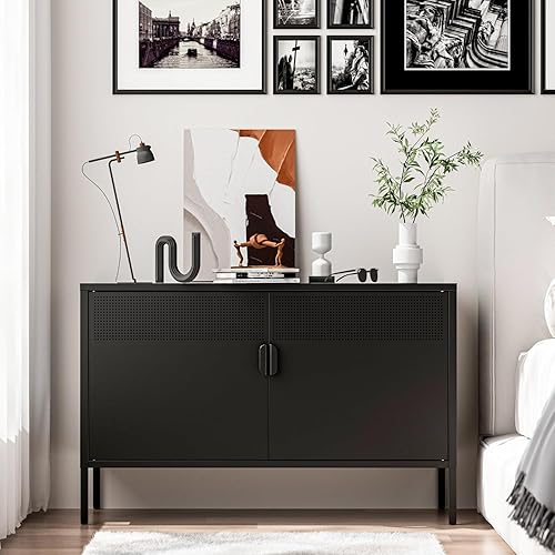 Miniatura 4 de COFaR Armario de metal negro para cafetería, 39.4 pulgadas de ancho, armario de almacenamiento con 2 puertas decorativas, aparador de buffet para