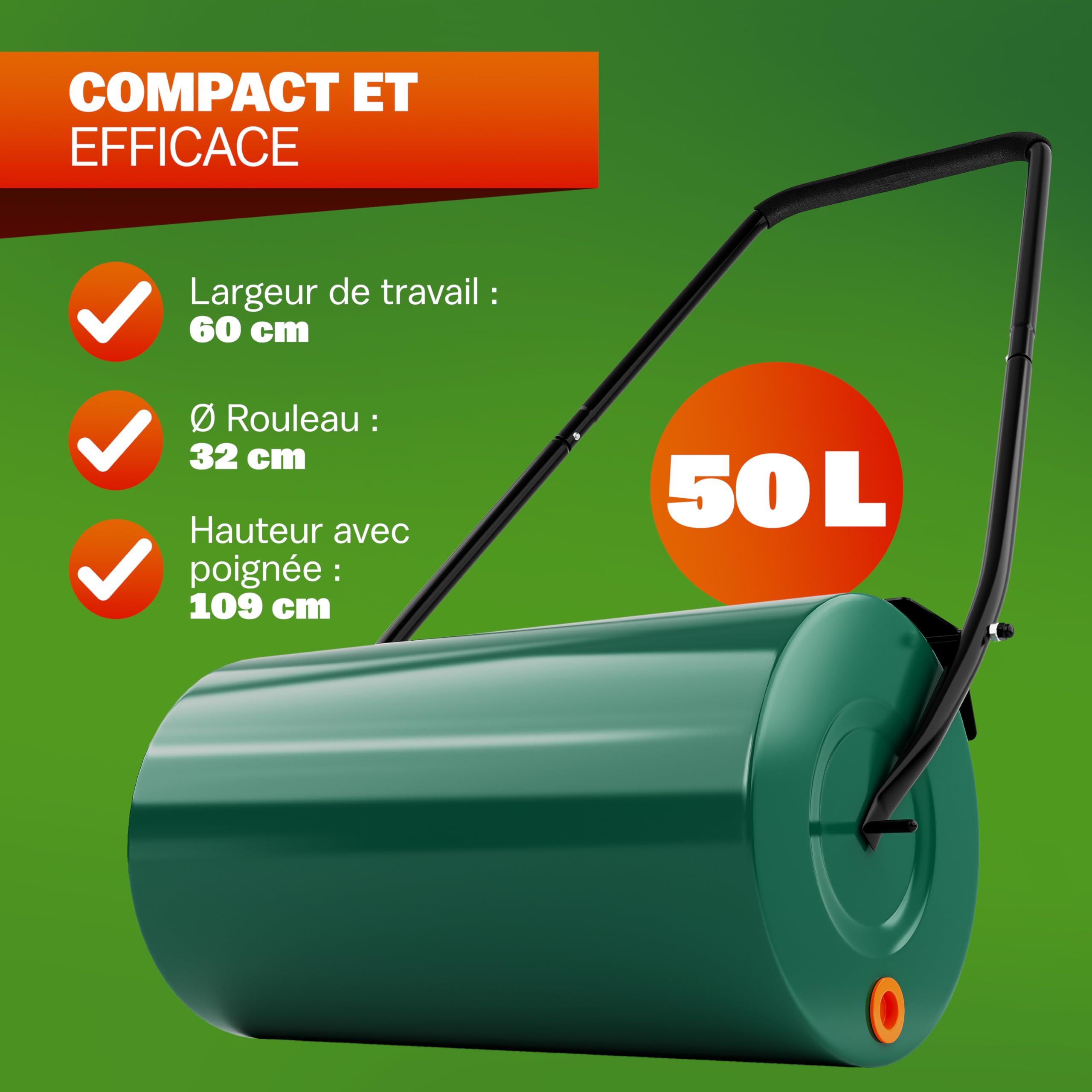 Gardebruk® Rouleau à Gazon 60cm 50L poignée rembourrée bavette antiprojection Remplissage Sable Eau pelouse Herbe Jardin Rouleau a Main agricole