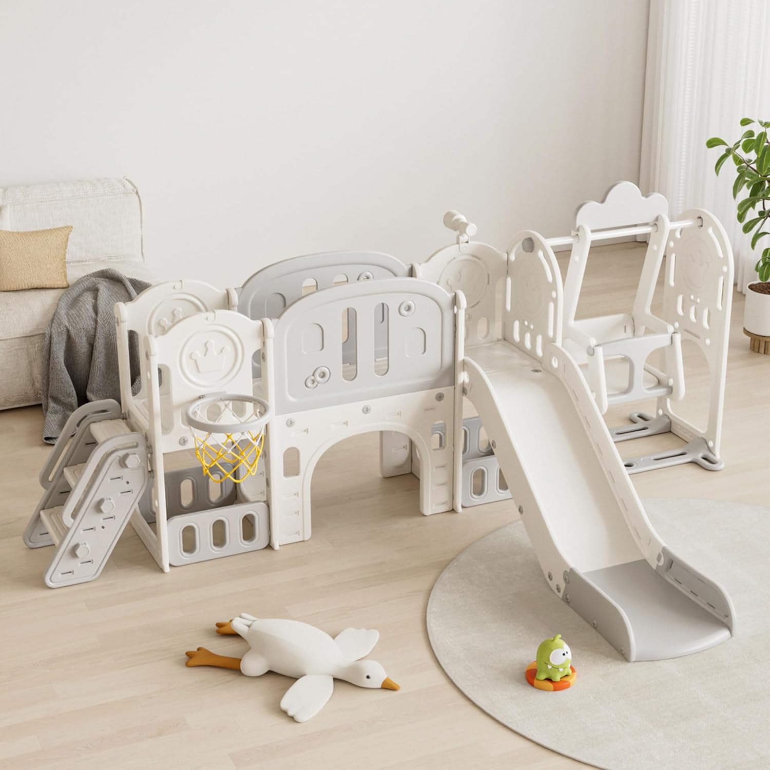 Toddler Outdoor Playset with Slide and Swing, 11-in-1 Indoor Playground for Kids, Featuring Basketball Hoop & Extra Long Aisle, Toddler Slide for Backyard and Large Indoor Spaces (Grey+White)