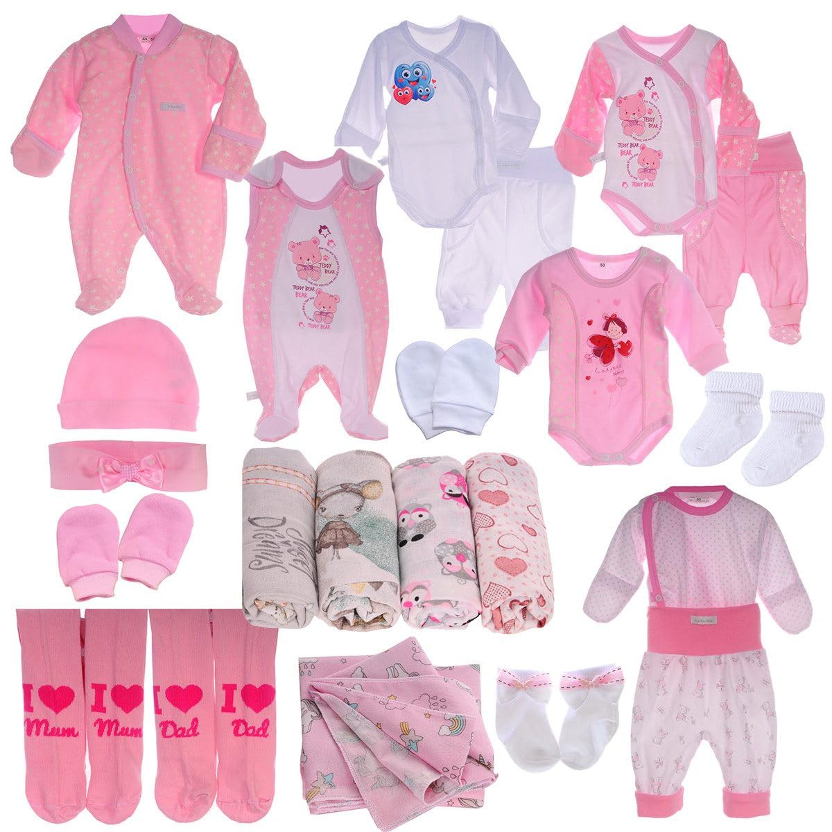 Erstausstattungspaket Baby Set 22 Teile Body Hose Strampler Strumpfhosen Shirt Socken Bekleidung für Mädchen Neugeborene Weich Hautfreundlich Bequem Geschenk Geburt Taufe Babyparty