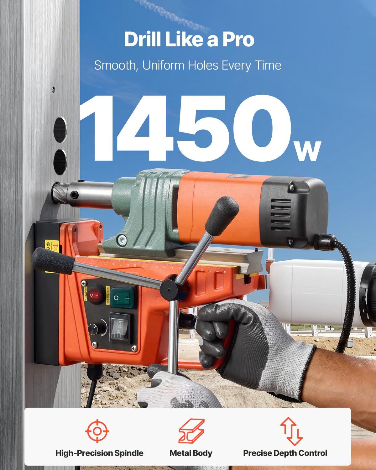 VEVOR 1450 W Taladro Magnético, Diámetro de Perforación 50 mm, Fuerza de 13000 N, Taladro Magnético Portátil con 6 Brocas, Velocidades Ajustables, Herramienta Industrial para Superficies Metálicas