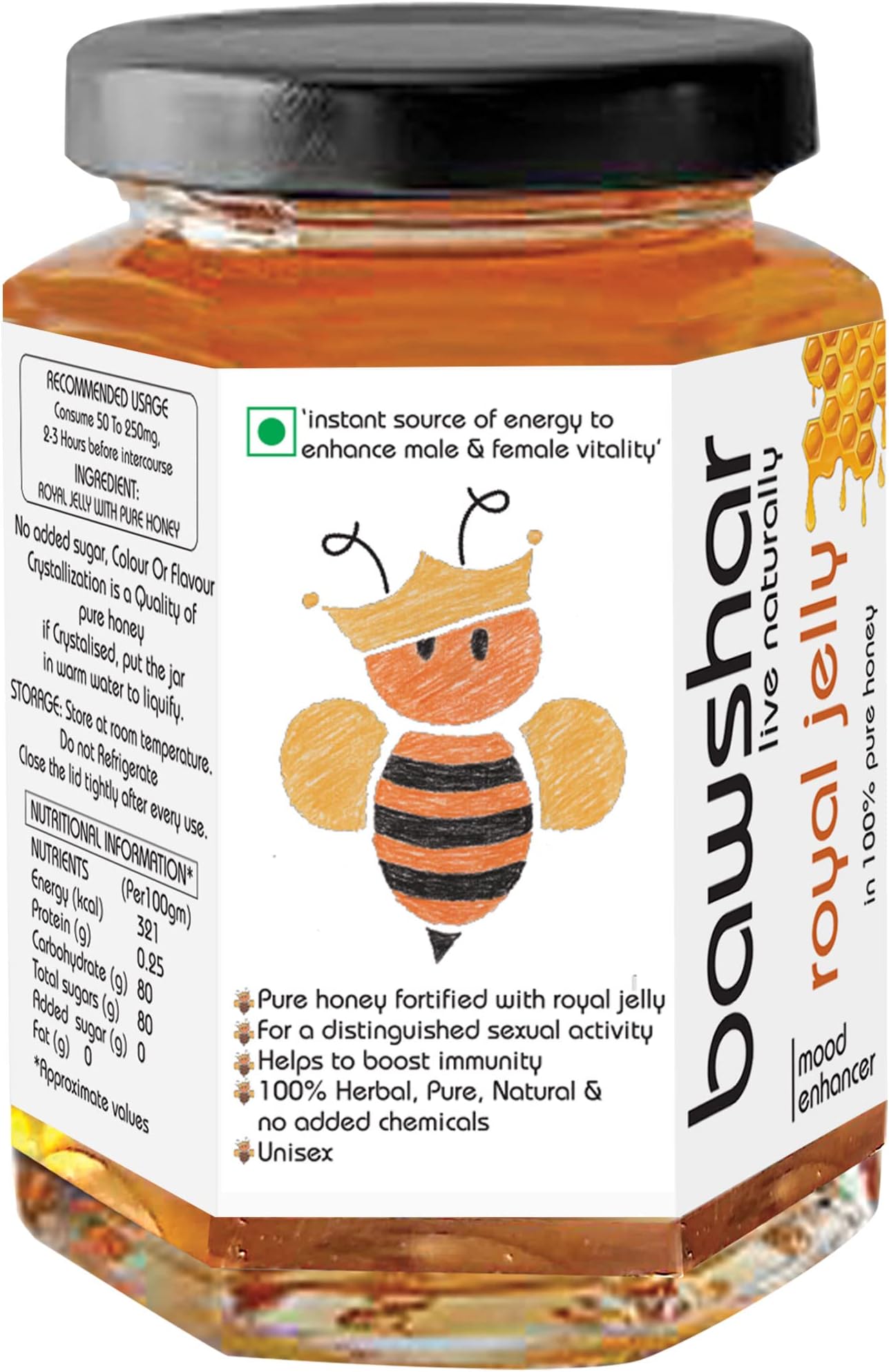 bawshar Royal Jelly In 100% Pure World's No.1 Honey Brand With No Sugar Aduteration,Mood Enhancer,Long Lasting Energy,Vitality To Enhance Workout & Exercise,Antioxidant,Anti-aging,100ml