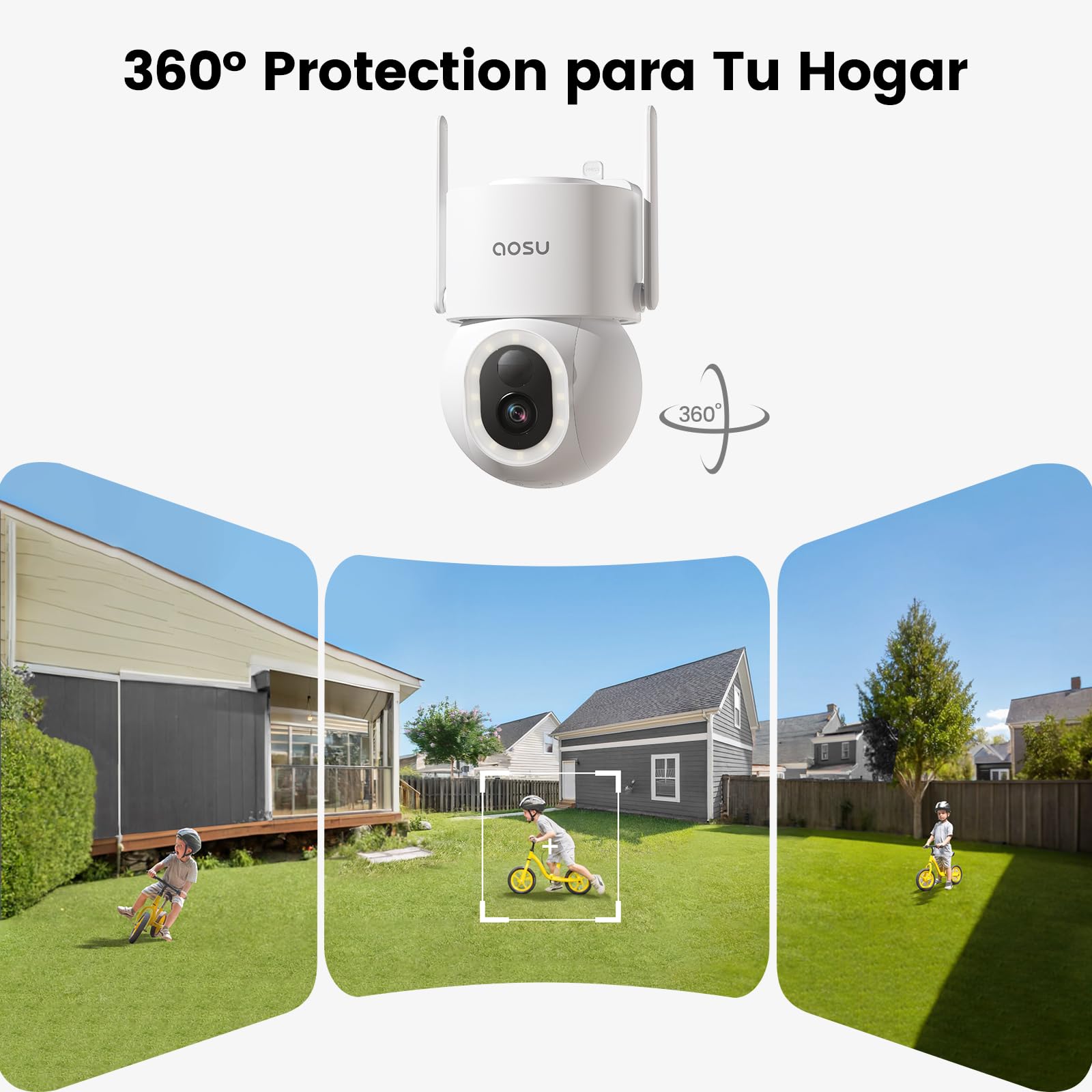 aosu 3K 5MP Cámara Vigilancia Exterior WiFi Inalámbrico, 360° PTZ, Panel Solar de Alta Capacidad, Detección AI de Personas, Mascotas, Vehículos, Visión Nocturna en Color, Luz Alarma, 400lm Foco, 2Pz