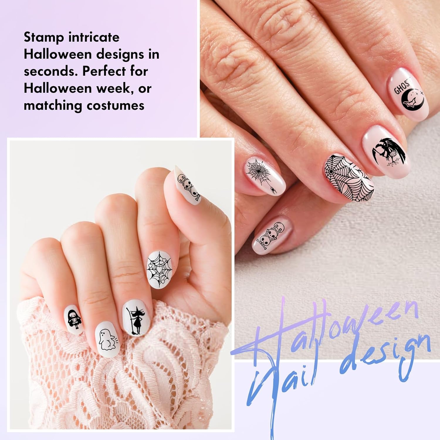 Halloween Nail Stamping Plates Kit – 4PCS Ghost, Witch, Skull & Spider Web Nail Art Templates with Stamper & Scraper, DIY Holiday Nail Decoration