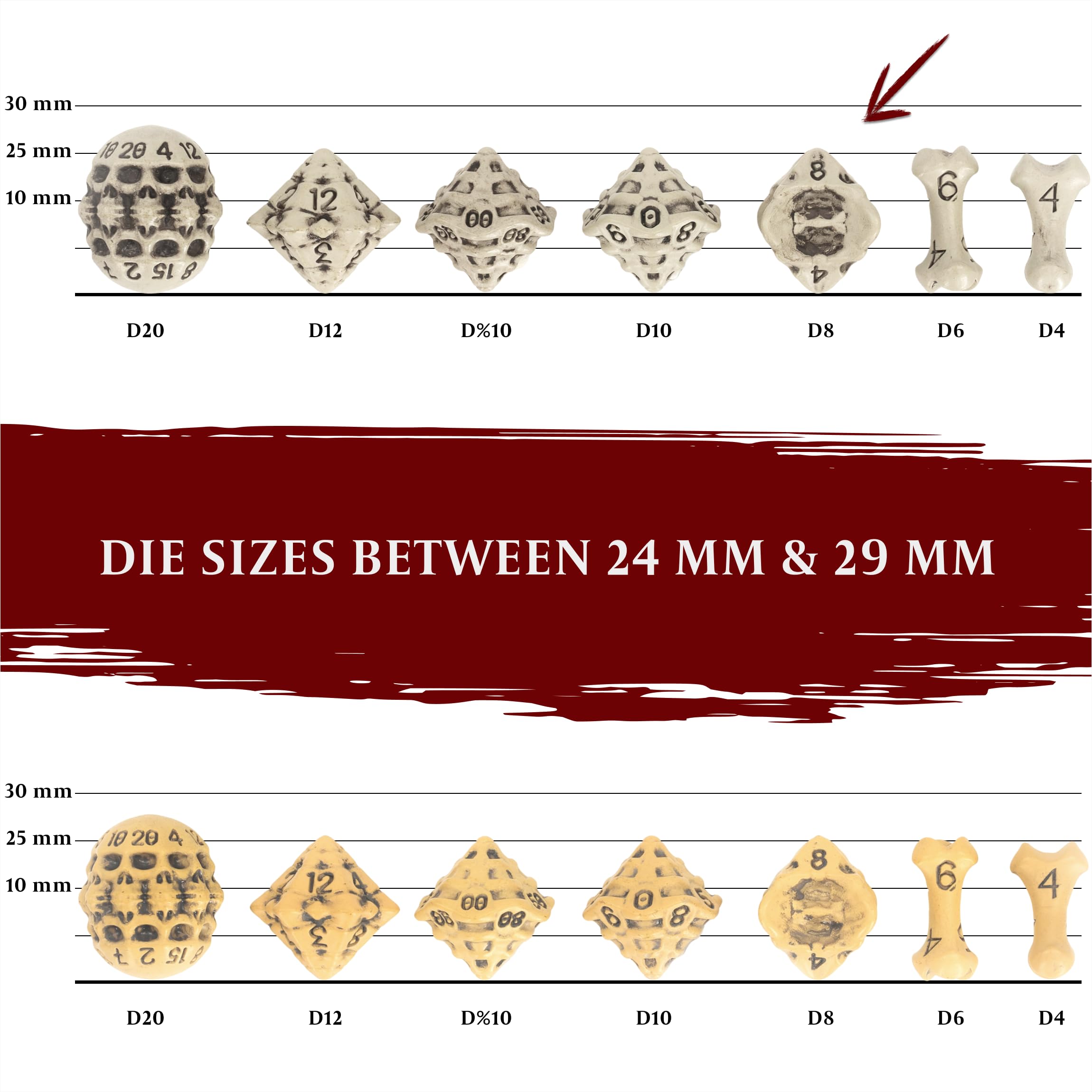 Set De Dés JDR D8 – Lot De 6 Dés 8 Faces Os Et Crâne – Blanc Os Nettoyé – D&D Warhammer Pathfinder