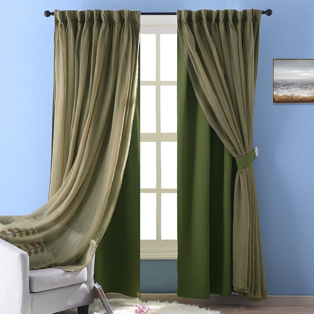 NICETOWN Double-Layer Bedroom Window Treatment Sage Crushed Sheer x Blackout Curtains (1 Panel 2-Layer Drapery, 52 inches Wide x 63 inches Long, Olive Green, 2 Tie Backs Included)