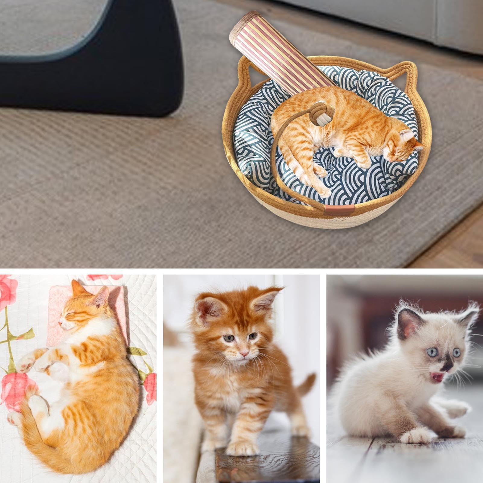 Nid de Panier de lit pour Chat, Panier de lit tissé pour Chat,Maison pour Animaux de Compagnie tissée à la Main avec Balle de Corde à Jouer | Tampon à gratter en Forme de Chaton en Lin de Coton