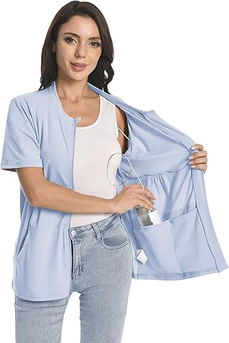 Miniatura 10 de Camisas con cremallera para después de la mastectomía y bolsillos de drenaje, ropa imprescindible para recuperación de cirugía, cómodas camisas