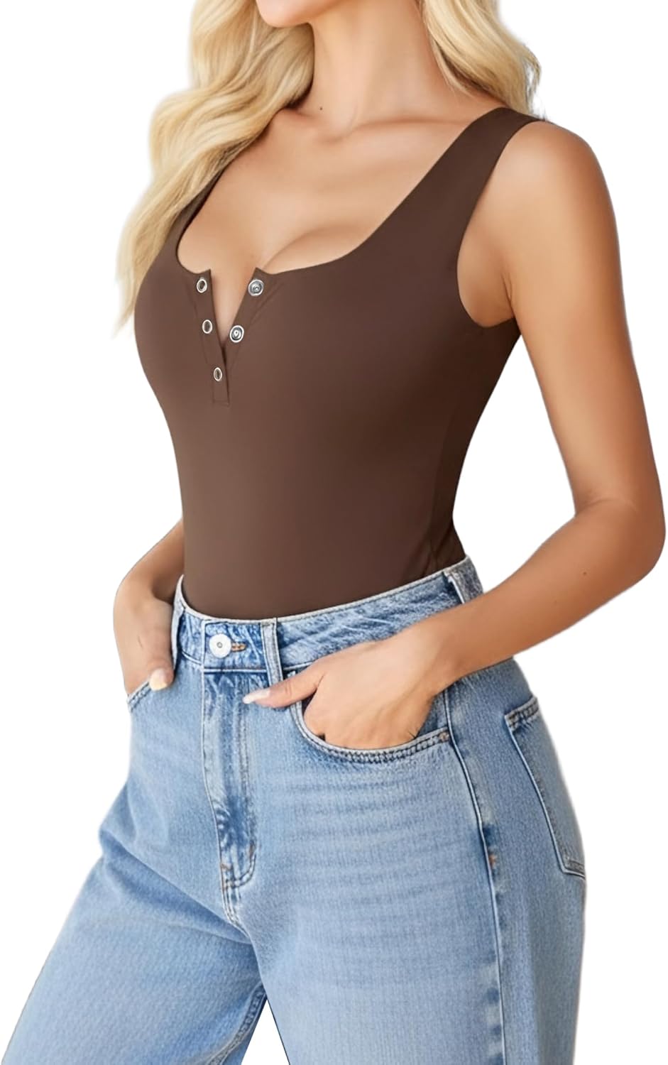 Avidlove Bodysuits for Women Button Down Square Neck Sleeveless Tank Tops Double Lined Going Out Leotard Bodysuit - Image 4