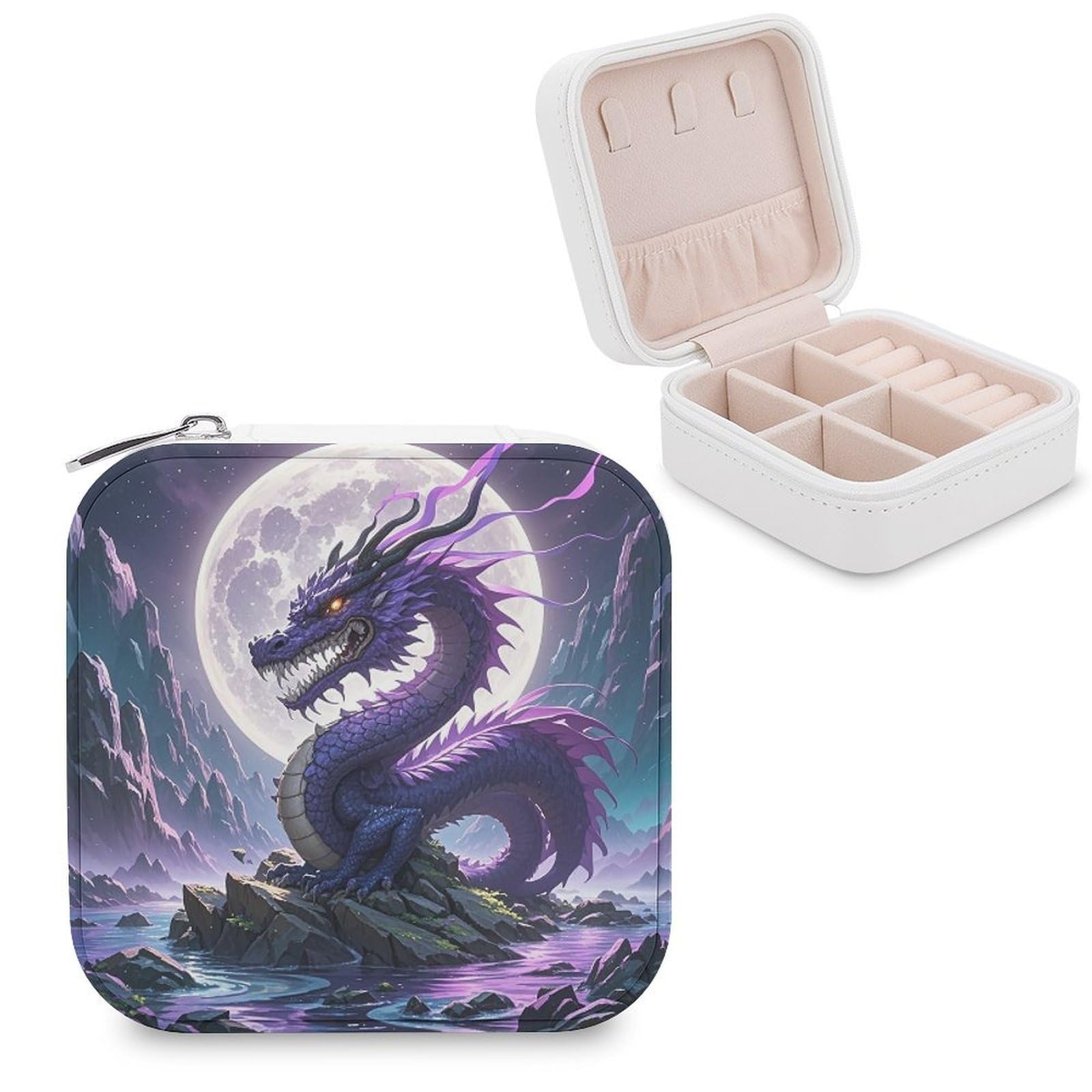 LZQPOEAS Purple Dragon Purple Moon Jewelry Box Mini Jewelry Travel Case Trendy Stuff Ring Box Custom PU Leather Jewelry Boxes Portable Jewelry Case Earring Storage Organizer for Girls Women