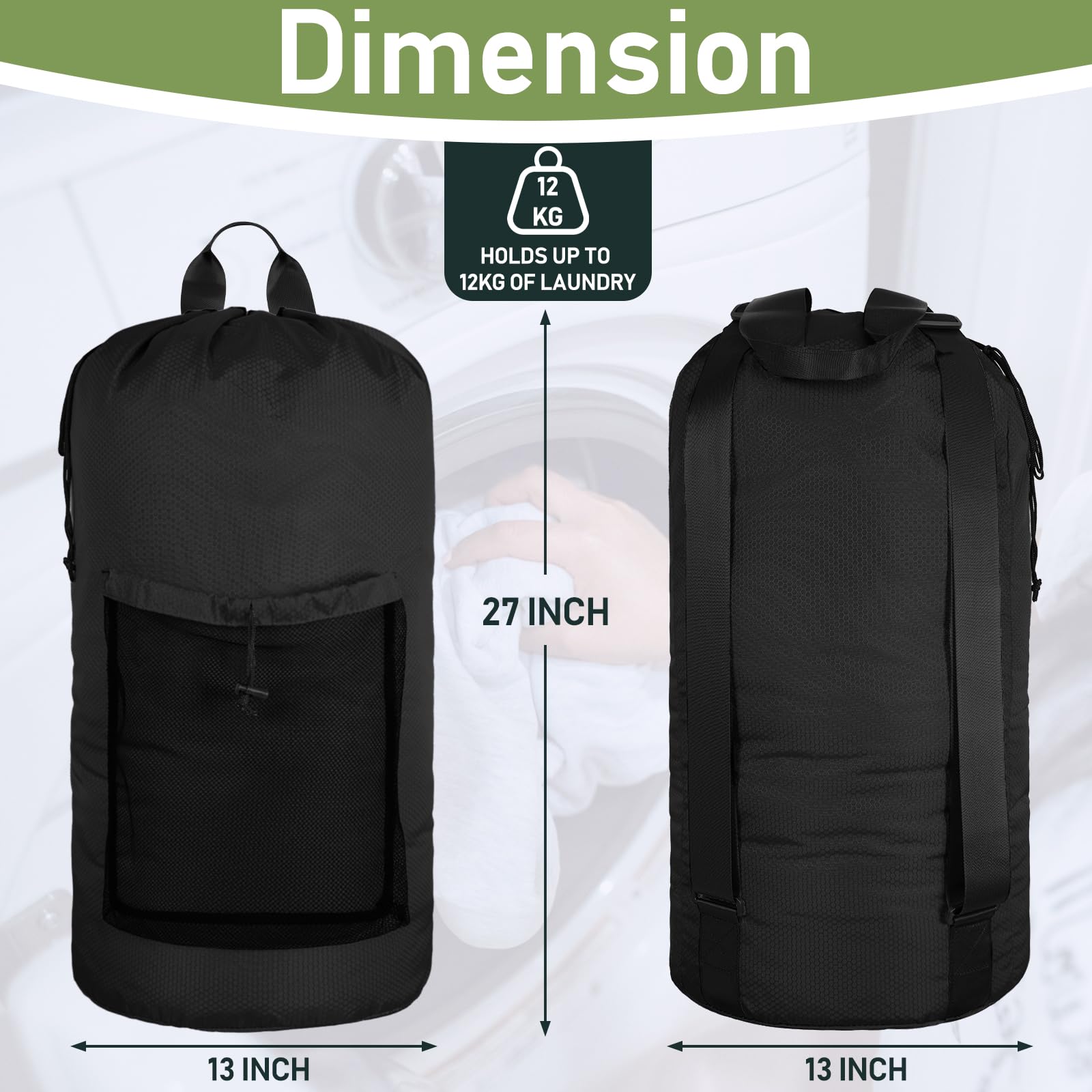 Grand sac à linge de voyage avec bretelles en polyester durable pour le collège, noir, Large, Sac à linge