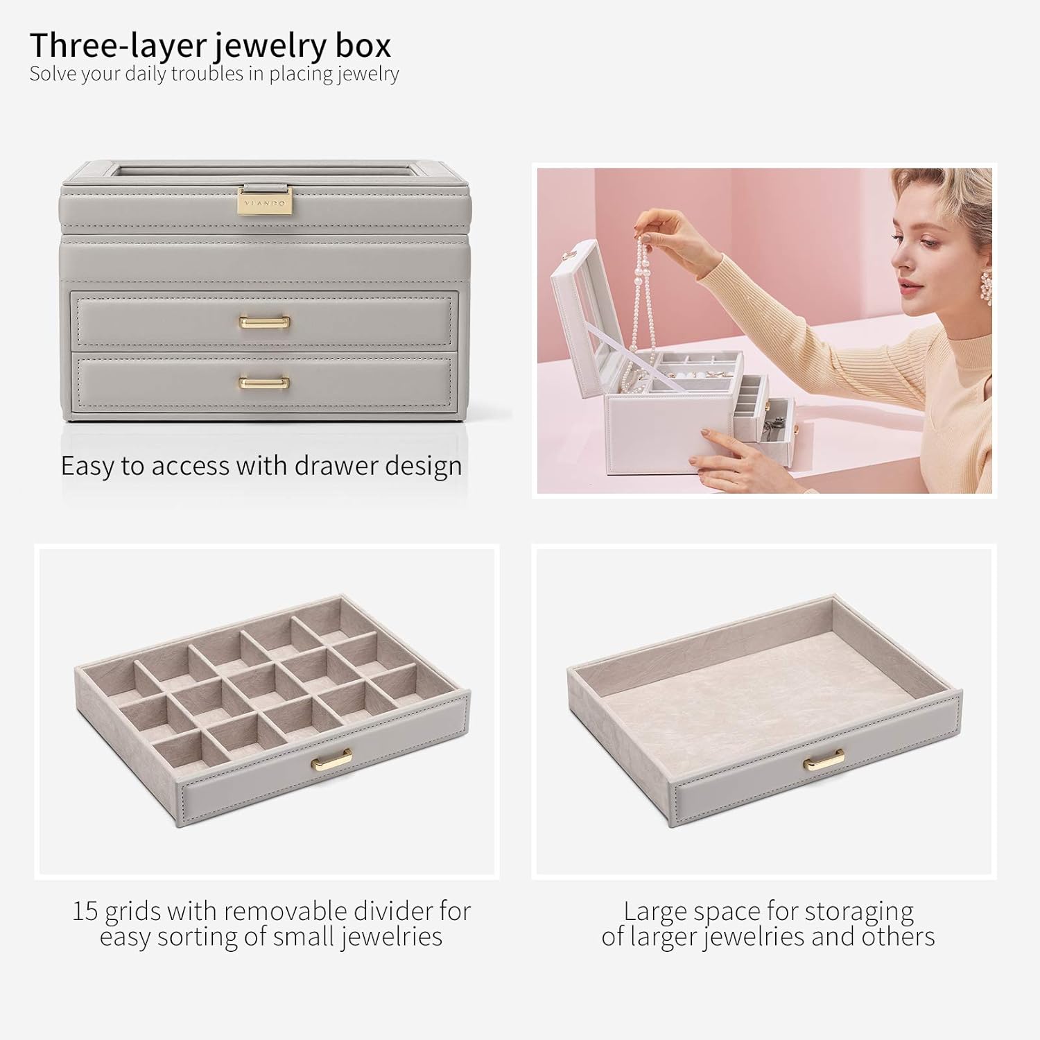 Jewelry Organizer Box for Women, 3 Layer Large Jewelry Boxes with 2 Drawers, Glass Lid Leather Jewelry Storage for Necklaces Earrings Rings Bracelets Watches Travel, Wedding Anniversary Gifts,(Grey) : Clothing, Shoes & Jewelry
