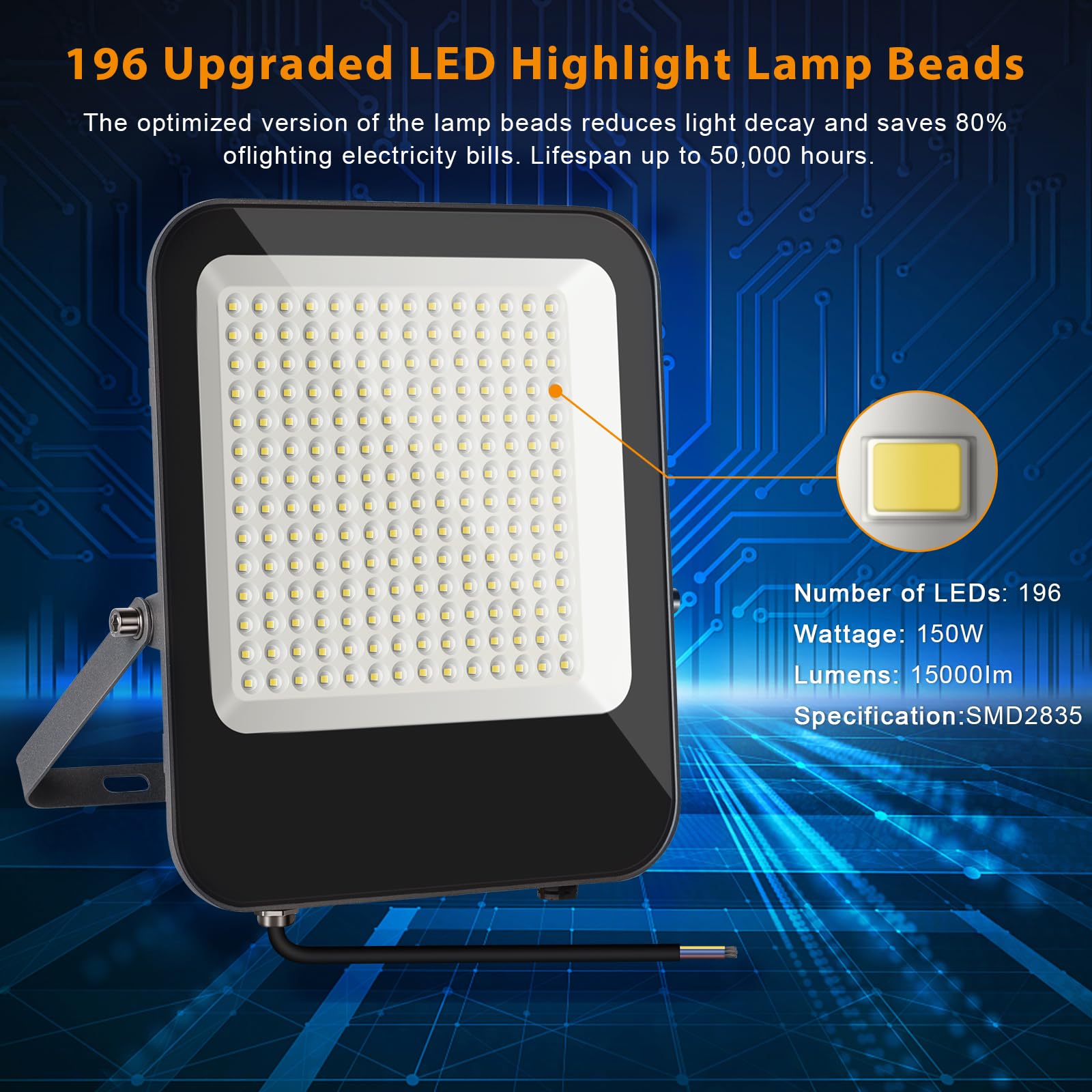 2 Projecteurs LED Extérieur 150W - 15000LM, 6500K Blanc Froid - IP66 étanche, Support Réglable 180° - Pour Jardin, Terrasse, Garage