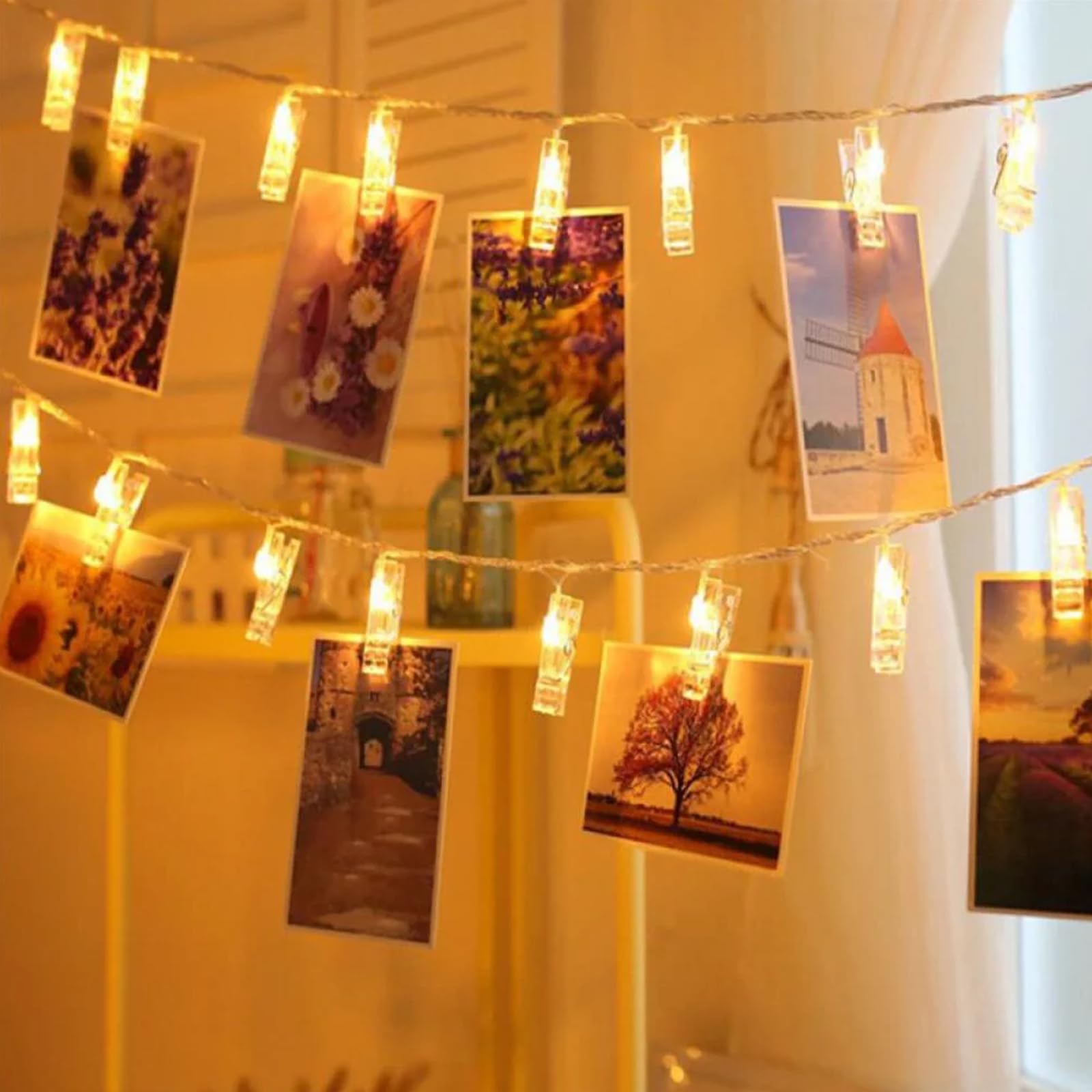 Nizirioo Guirlande Lumineuse Photos 10m 100 LED Blanc Chaud + 60 Clips – Idéale Pour Mur Photo, Chambre, Noël, Mariage, Décoration Romantique à Batterie