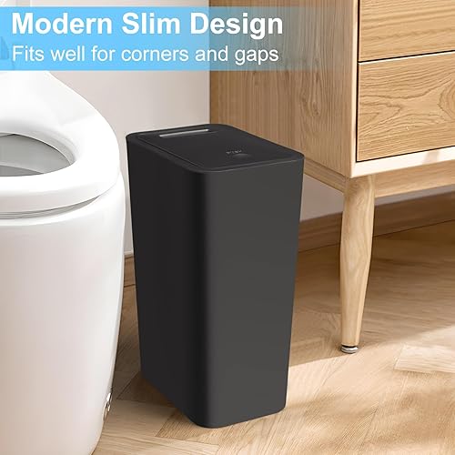 Miniatura 4 de Botes de basura de baño con tapas, paquete de 2 botes de basura de cocina de 2.6 galones con tapa desplegable, cesta de basura pequeña y estrecha a