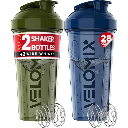 VELOMIX 2 Pack 28oz Protein Shaker Bottle for Protein Mixes, Blue/Green