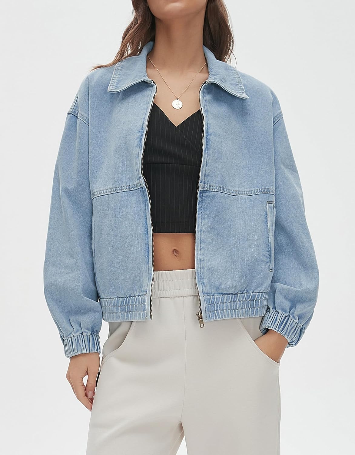 Kedera Womens Denim Jackets Long Sleeve Zip Up Elastic Hem Classic Loose Jean Bomber Jacket Coat Outfit - Image 2