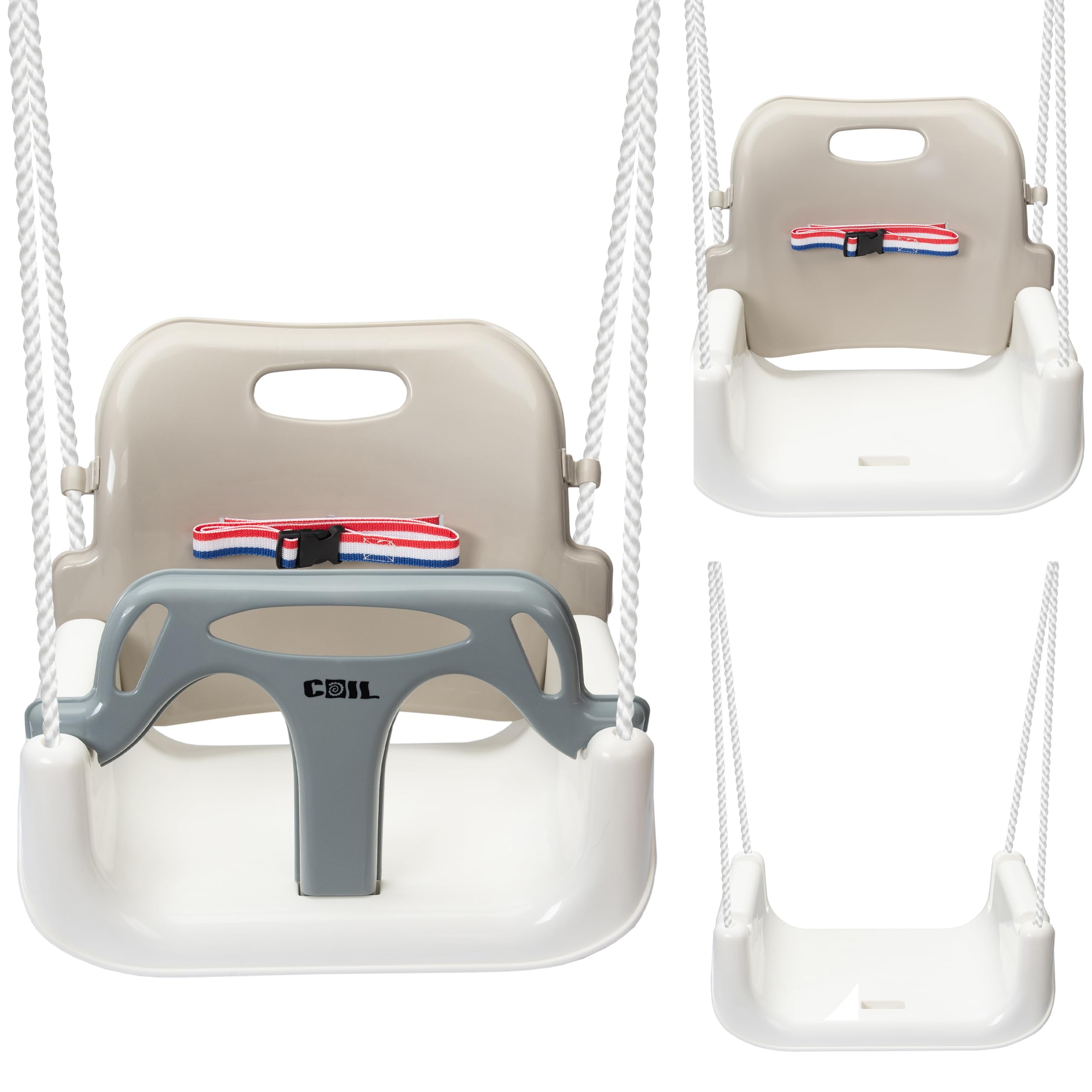 COIL Columpio infantil para exteriores, 3 en 1, columpio para bebé, ajustable, para interior con respaldo, columpio para interiores y niños pequeños (beige)