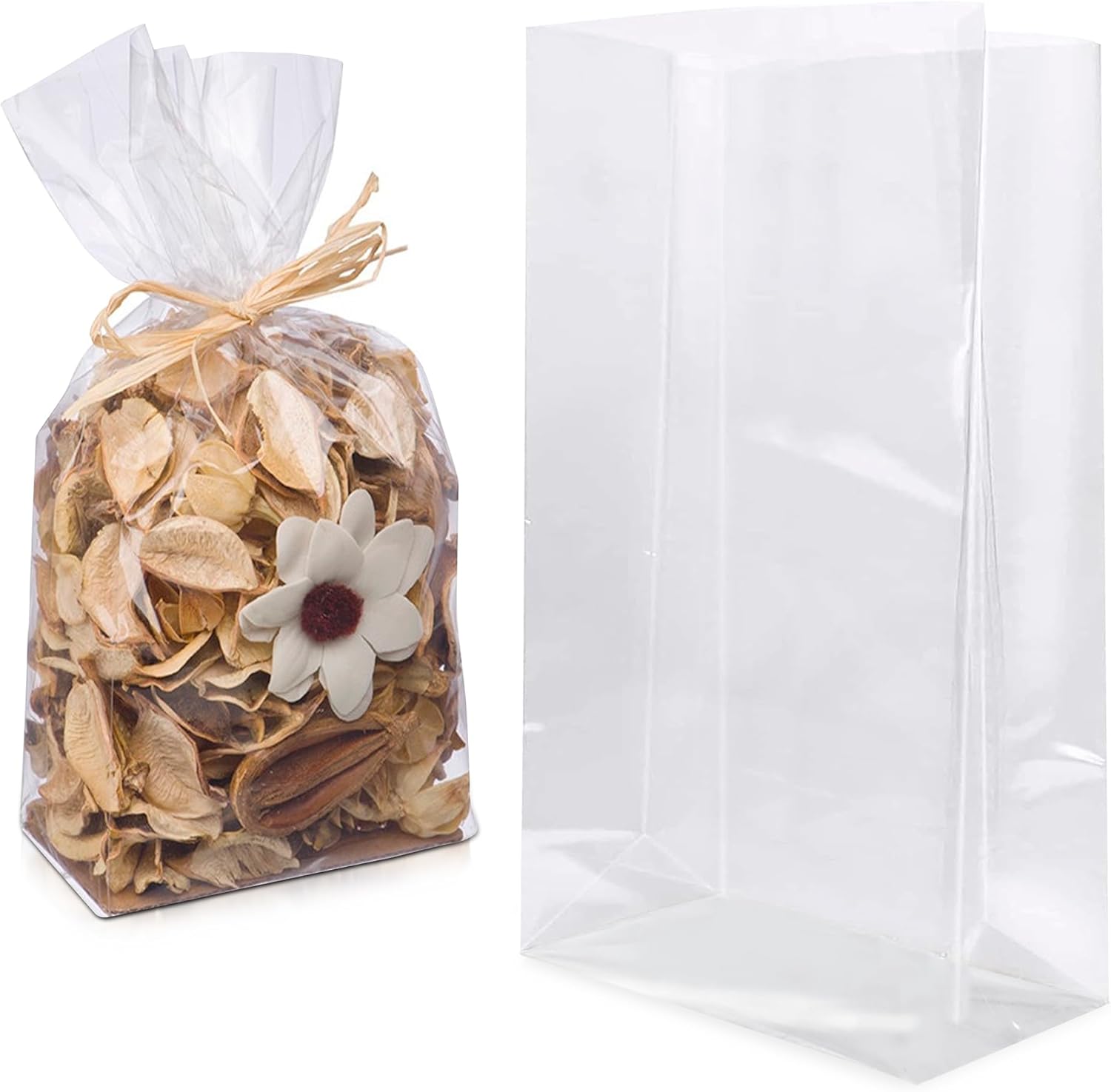 APQ Clear Gusseted Poly Bags, 12 x 8 x 30 Inch. Pack of 100 Gusseted Plastic Bags 1 Mil Thick for Favors with Open Top. Clear Plastic Bags for Packaging Cookies, Popcorn, Candies, Homemade Bread