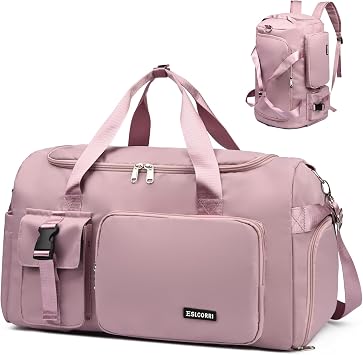 Eslcorri Gym Duffle Bag for Women Men, Sports Backpack with Wet & Shoe Compartment, Fitness Overnight Weekender Bag for Yoga, Swim, Travel Style B, DarkPink