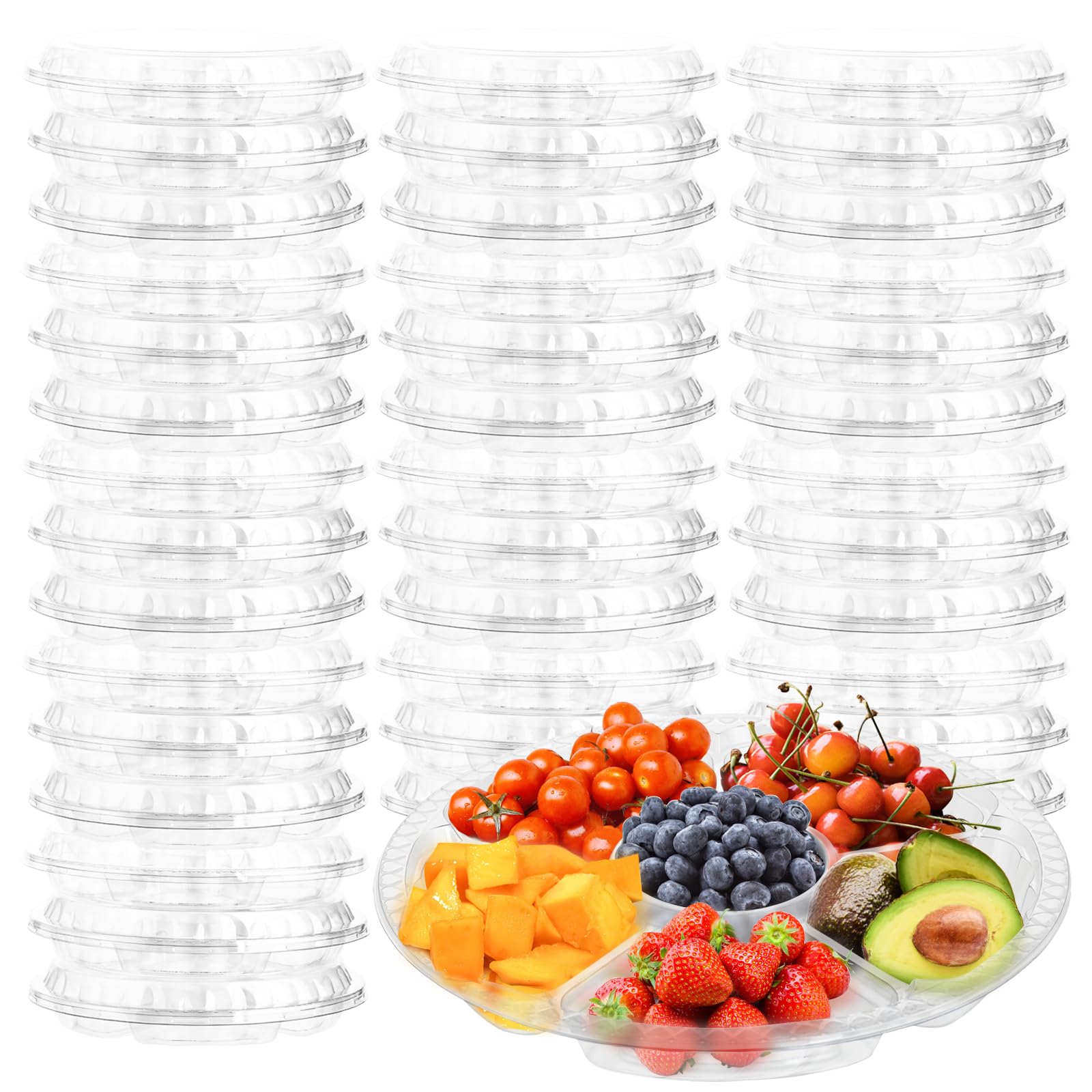 Bandejas desechables para aperitivos y frutas con tapa, pack de 30 piezas con compartimentos separados
