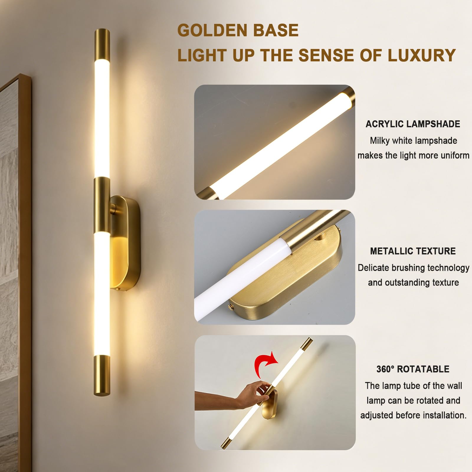 2er Set LED Wandleuchte Innen Gold Dimmbar mit Fernbedienung | 60cm Lange, 18W LED, Acryl Lampenschirm, Verstellbare Farbtemperatur Helligkeit, für Schlafzimmer, Flur, Treppenhaus