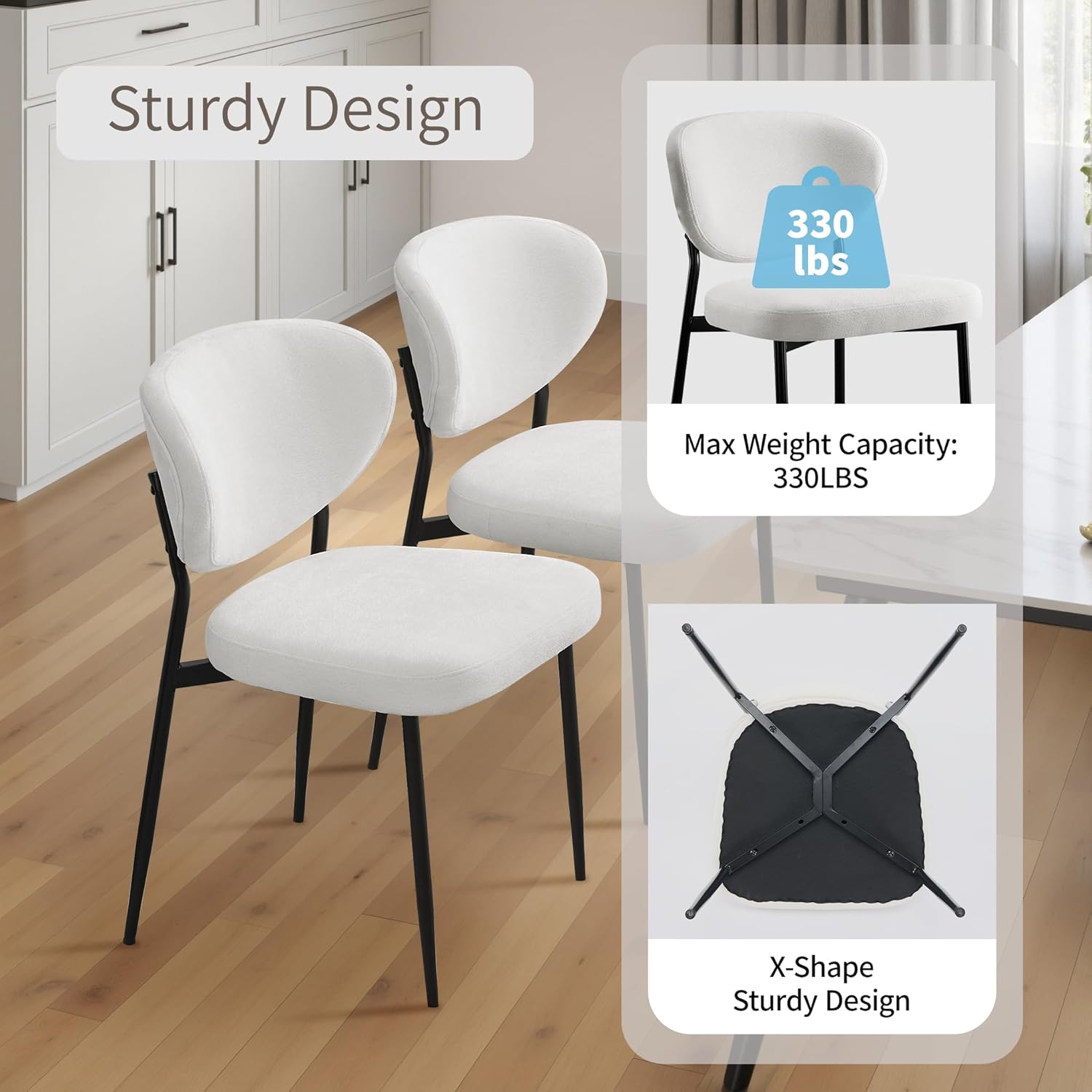 STOOLINK Upholstered Dining Room Chairs Set of 6 Modern Chenille Diner Chairs with 58D Memory Foam Thick Cushion Comfy Armless Kitchen Chair with Sturdy Metal Legs for Dining Table/Vanity White