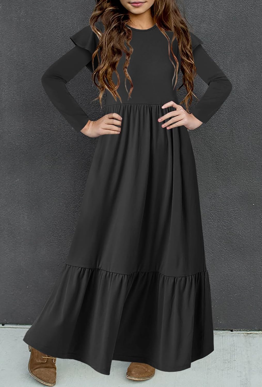 HOSIKA Girls Fall Ruffle Long Sleeve Crew Neck Loose Casual Flowy Tiered Maxi Dress with Pockets for 6-12 Y - Image 2