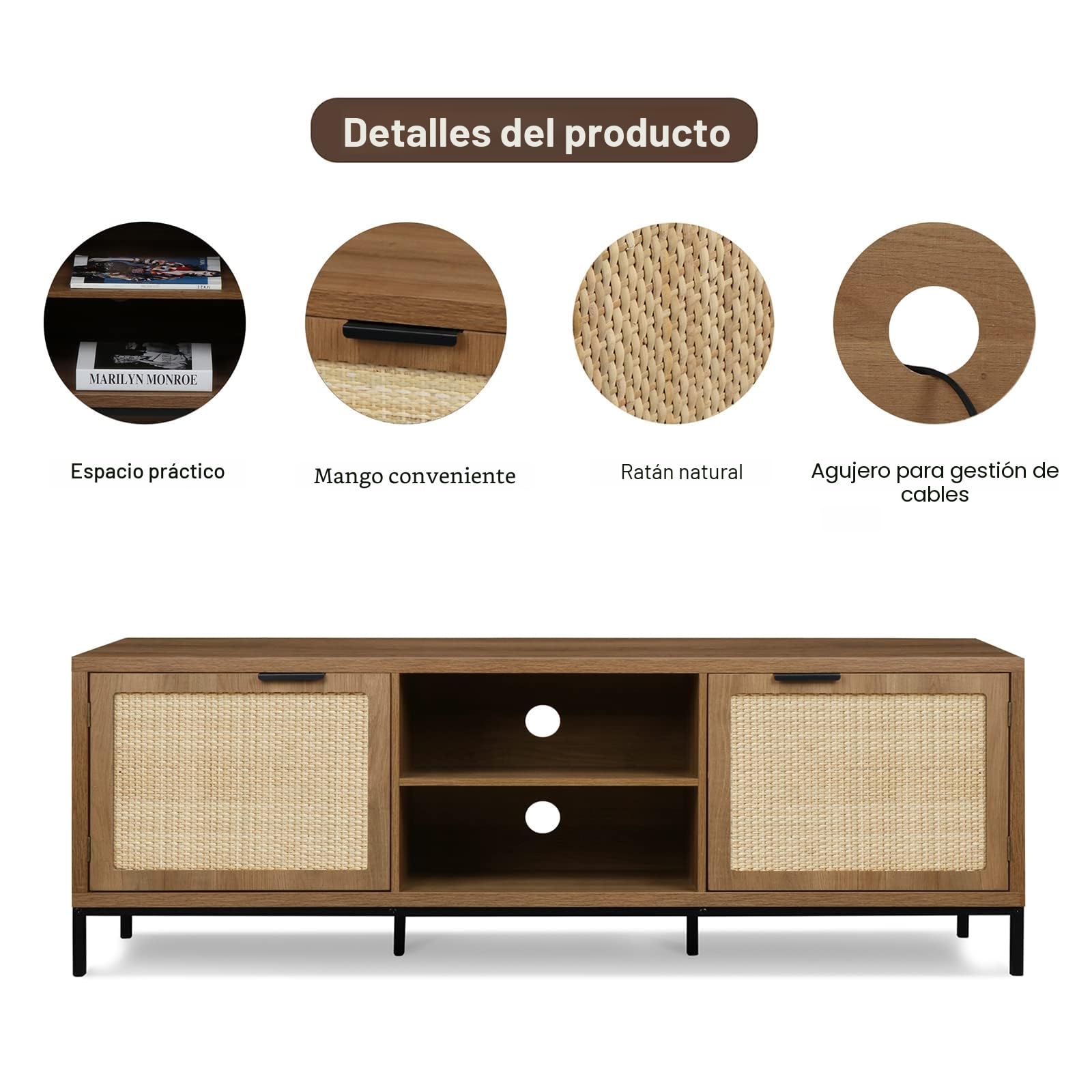 Mueble de TV 150cm de 2 Rattan Puertas, Muebles de Salon Modernos y 2 Estantes Abiertos, Mesa de TV para Televisores de hasta 65 Pulgadas, para Salón, Comedor, Dormitorio