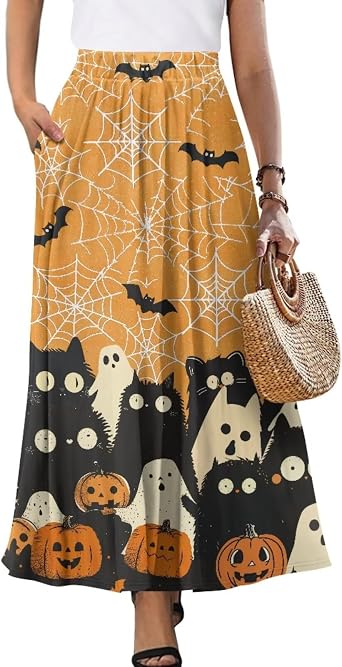 Womens Maxi Skirts with Pockets Flowy Autumn Maxi Skirts Pleated High Waisted Midi Long Skirt, S-XXL
