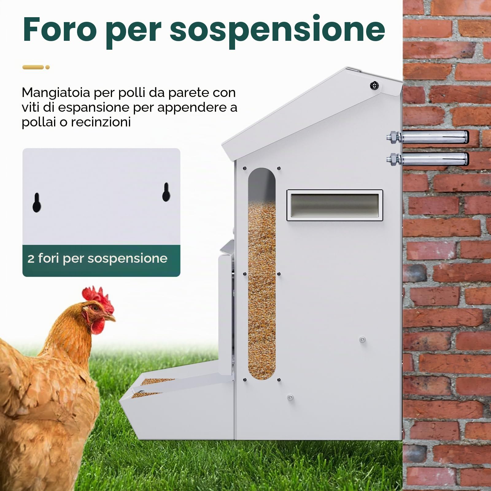 25LB Mangiatoia Automatica per Polli in Acciaio Inox Mangiatoia per Polli da Appendere Appesa con Pala e Coperchio Alimentatore Automatico per Pollame Galline Anatre Tacchini