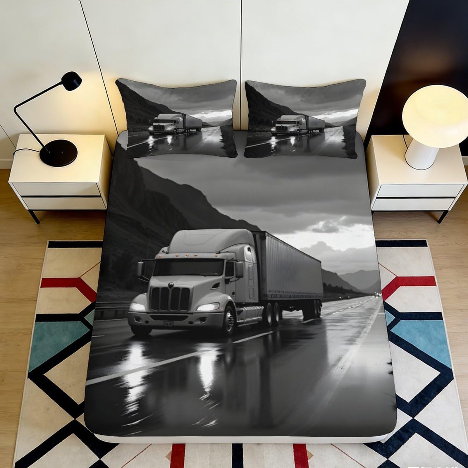 3D Printed Truck Night Road Fitted Sheet Microfiber Black Grey Bed Cover Anti-Slip Machine Washable for Bedroom Guestroom 90x200x25cm