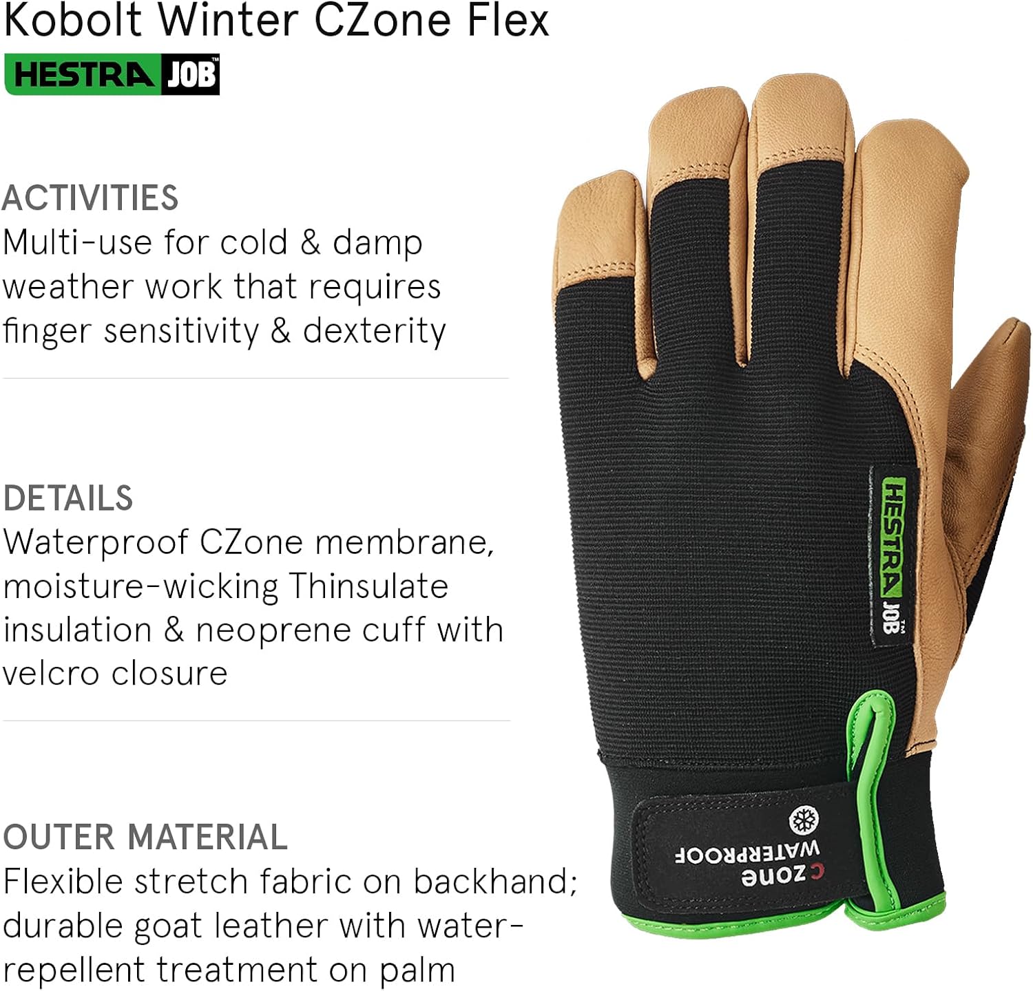 Hestra Job Kobolt CZone Winter Flex Breathable Weather-Resistant Insulated Goatskin Glove | Waterproof 5-Finger Durable Glove for Snow, Wet, and Cold Weather Jobs and Projects