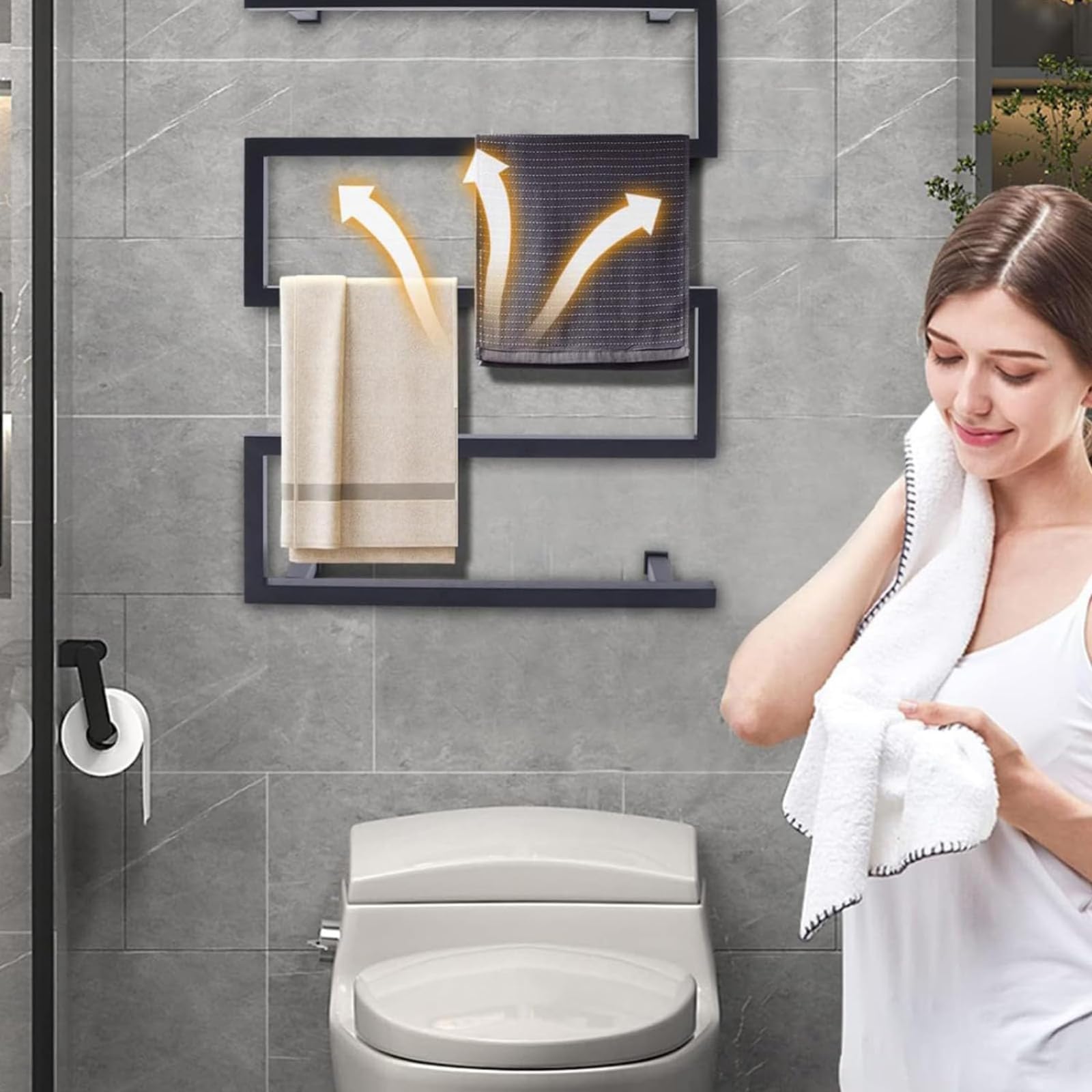 Radiador Toallero Electrico Negro Mate, Secador de Toallas para Baño, Calentador de Toallas, Estante para Toallas de Pared Acero Inoxidable 304, Bajo Consumo, 600mm×800mm