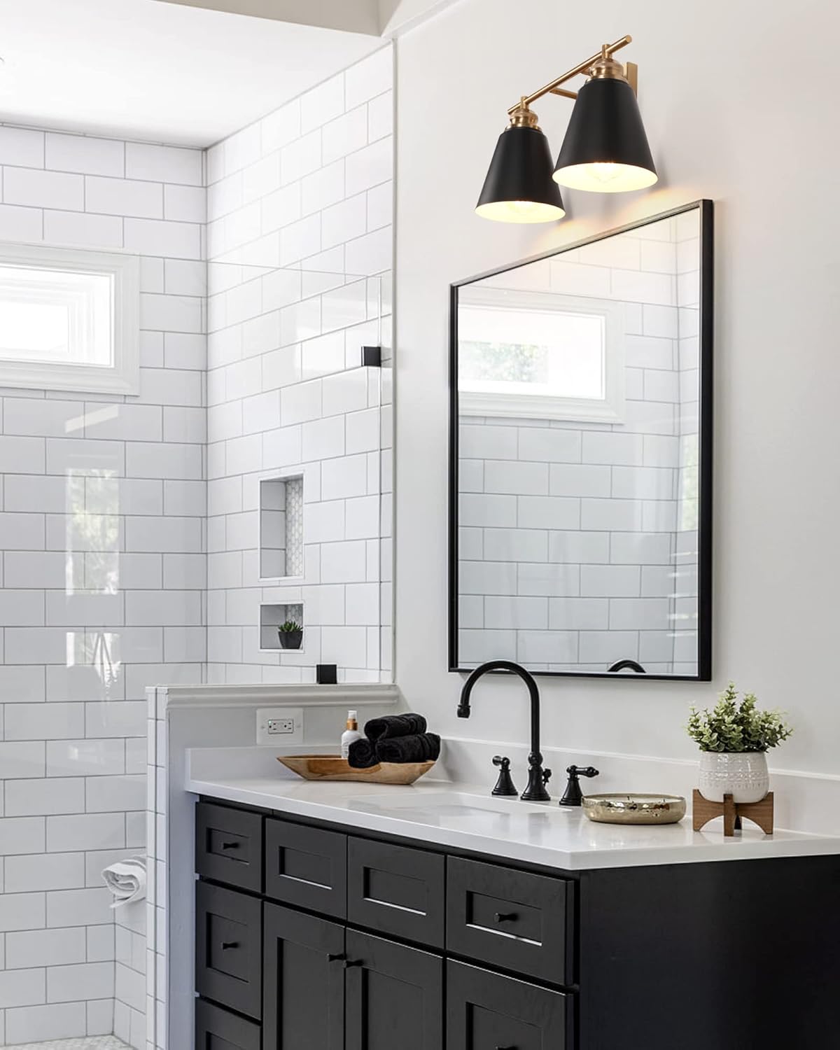 2-Light Black and Gold Bathroom Vanity Lights, Modern Bathroom Light Fixtures Over Mirror with Metal Shade, Farmhouse Wall Sconce Lighting for Bathroom, Bedroom, Kitchen