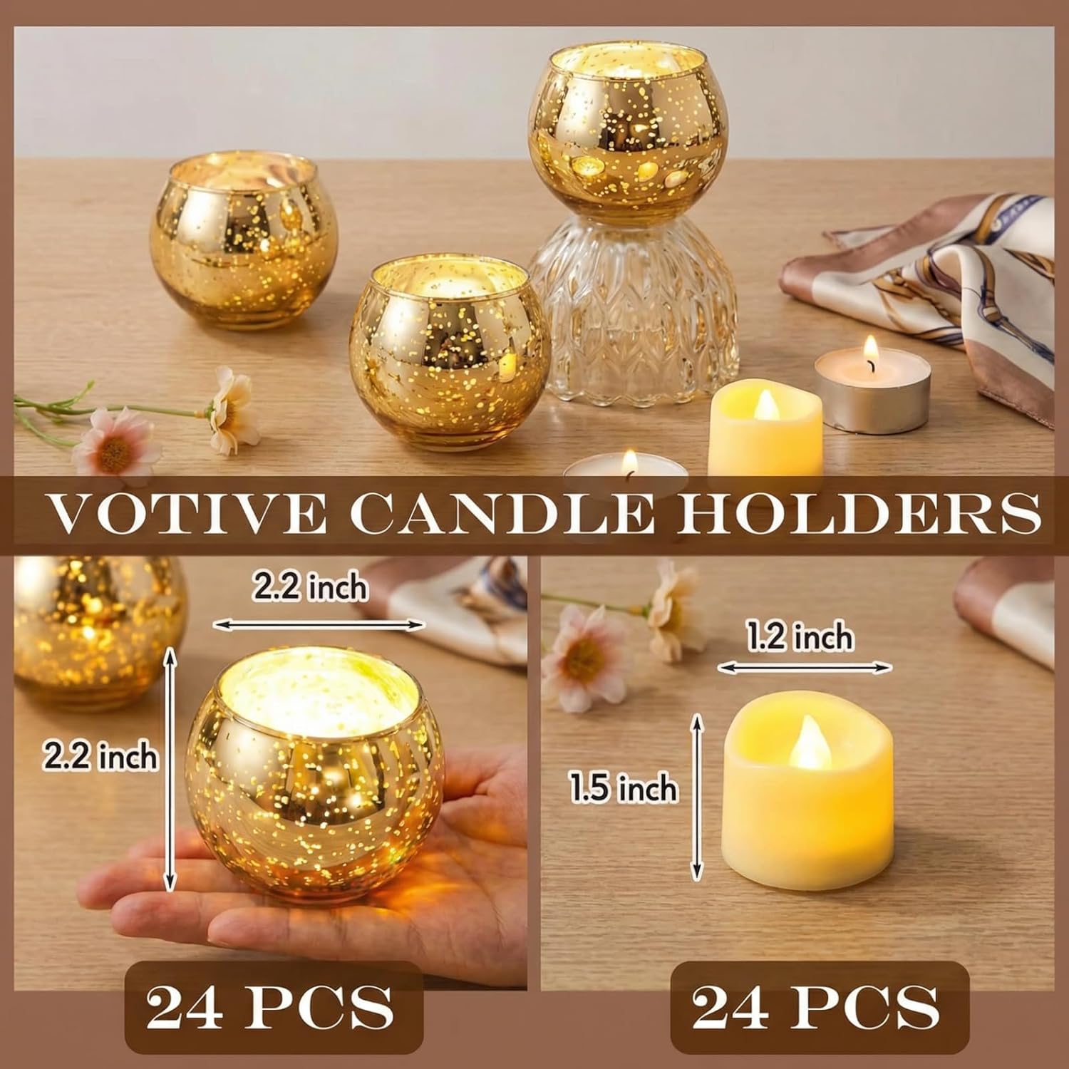 Rtteri 24 Set Votive Candle Holders Wedding Centerpiece Table Decorations Speckled Mercury Glass Votive Candle Holders with Tea Lights Birthday Party Decorations for Home (Gold)