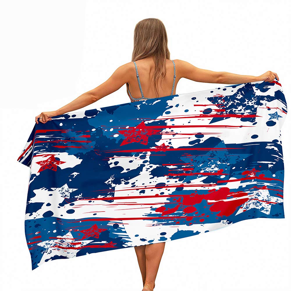 Fansu Blue Red Stars Microfibre Beach Towel Extra Large, Abstract Animal Print Easy Care Lightweight Quick Dry Soft Super Absorbent Sports Travel Summer Swim Yoga Bath Towels (,150 * 180Cm)